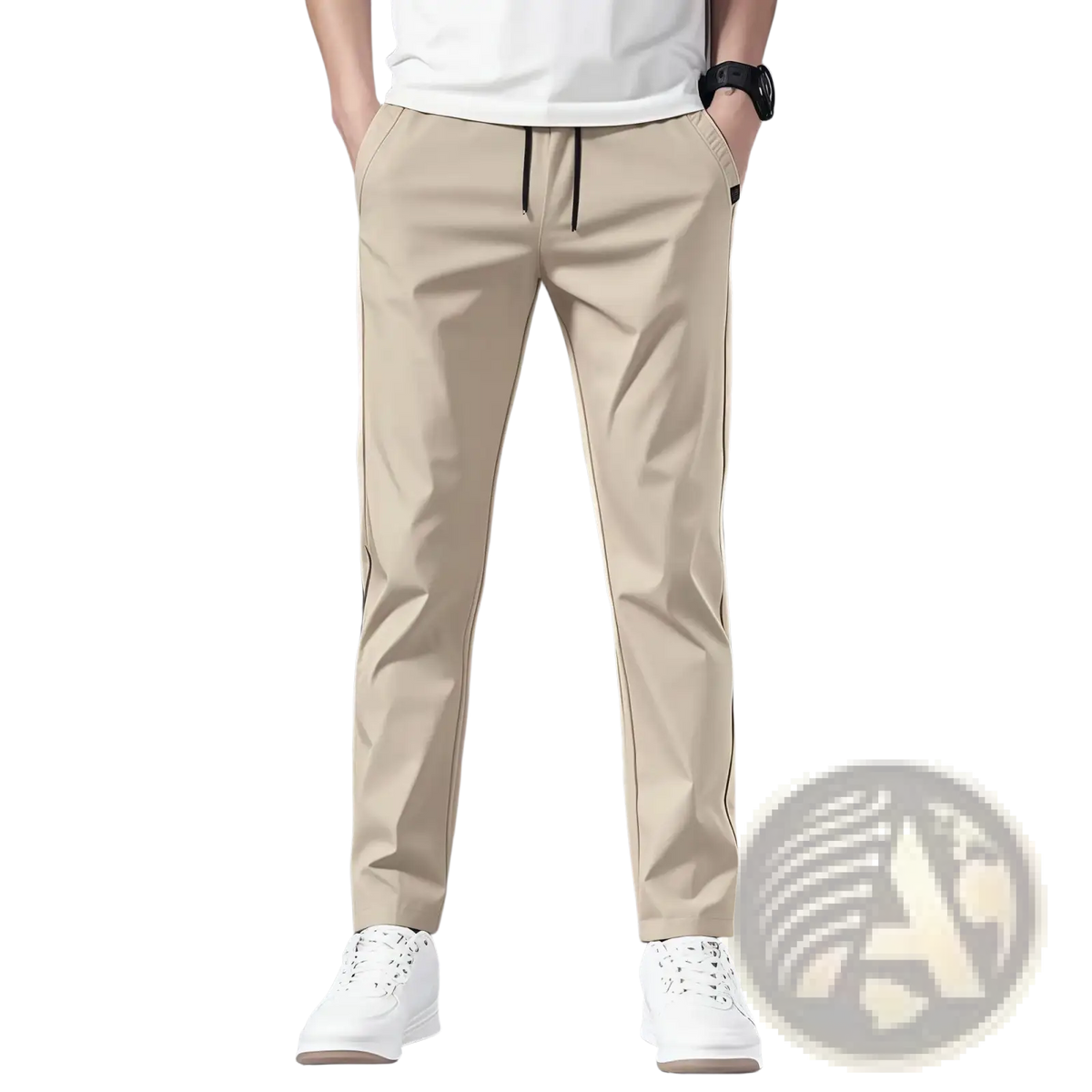 Beige slim-fit lightweight men casual chino trousers with black drawstring waistband and side seam detailing