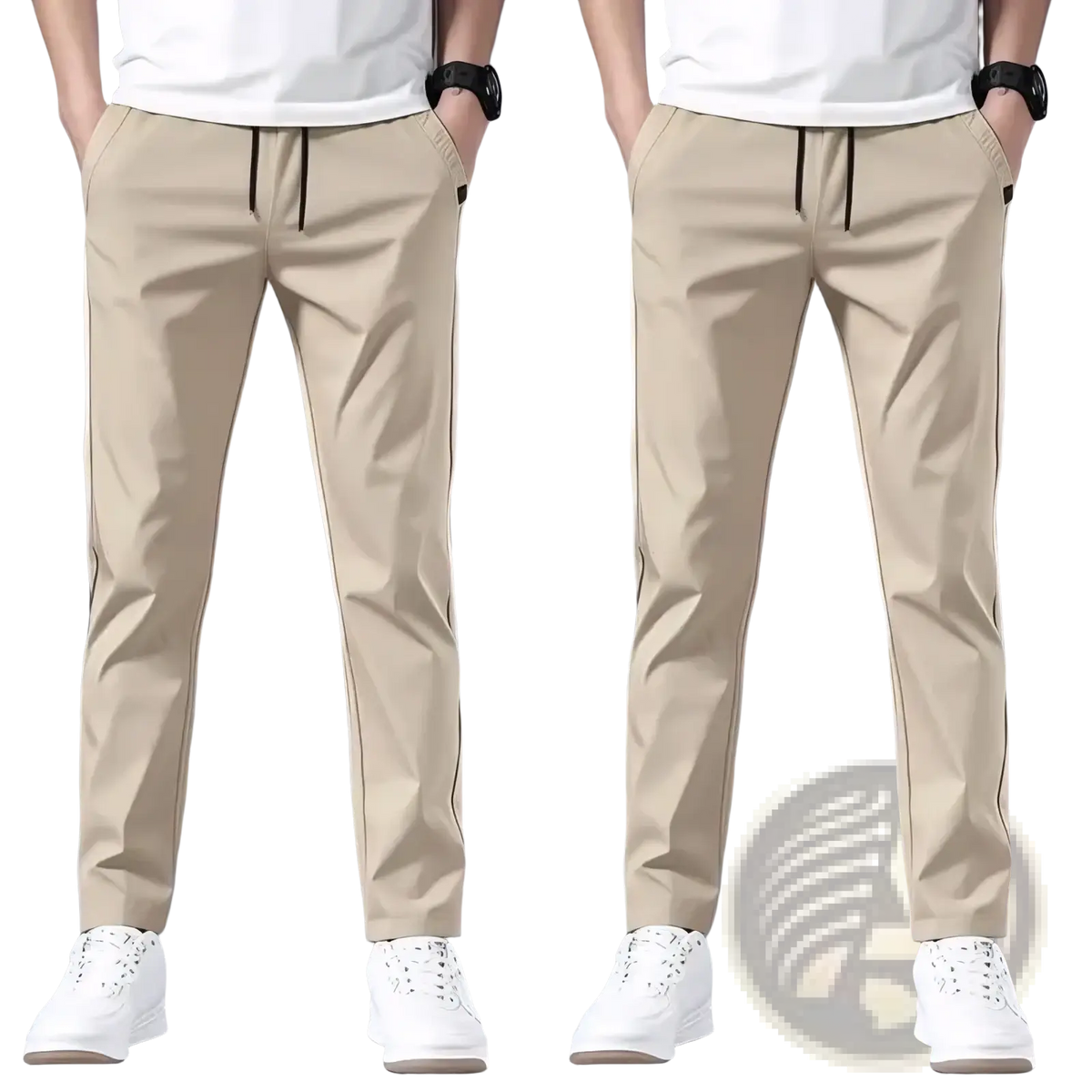 Beige slim-fit men lightweight casual chino trousers with black drawstring waistband and side seam detailing