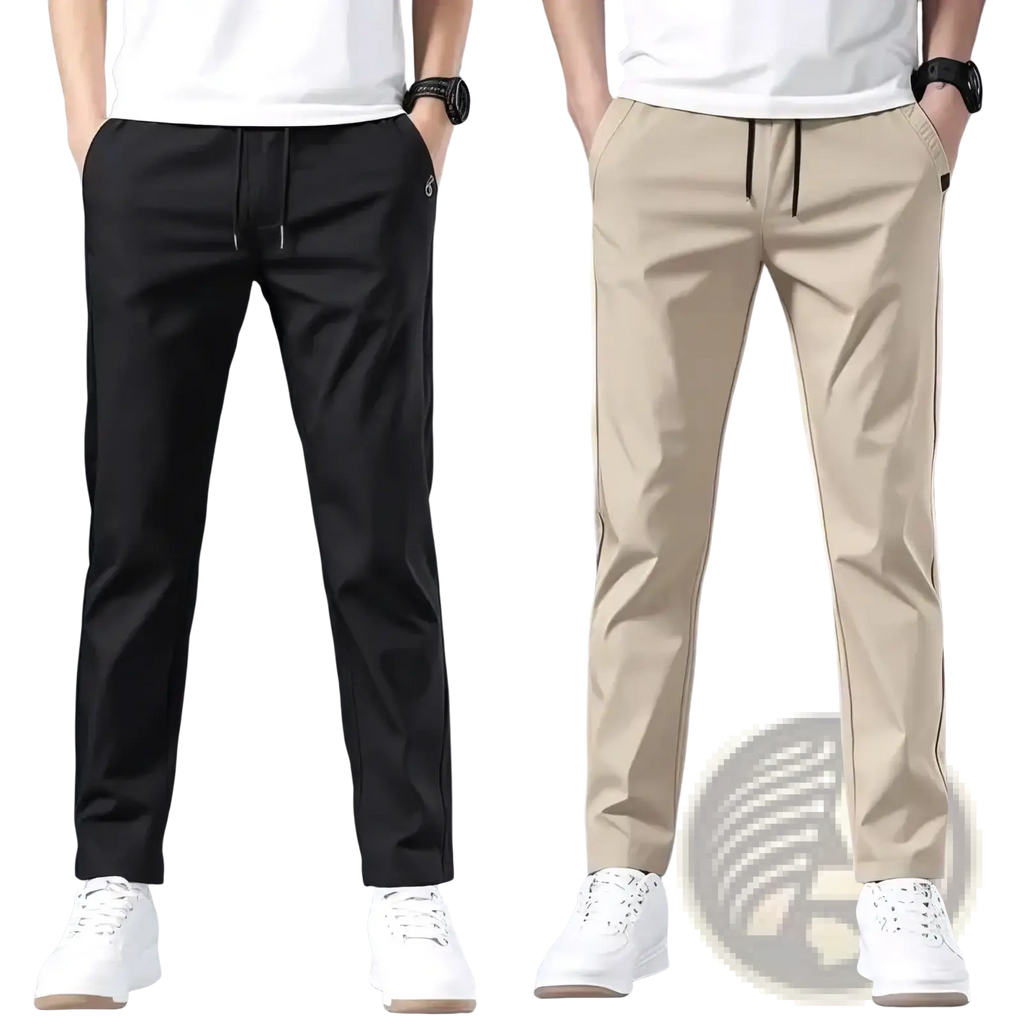 Men lightweight casual trousers in black and beige with drawstring waist and side stripes for comfortable wear
