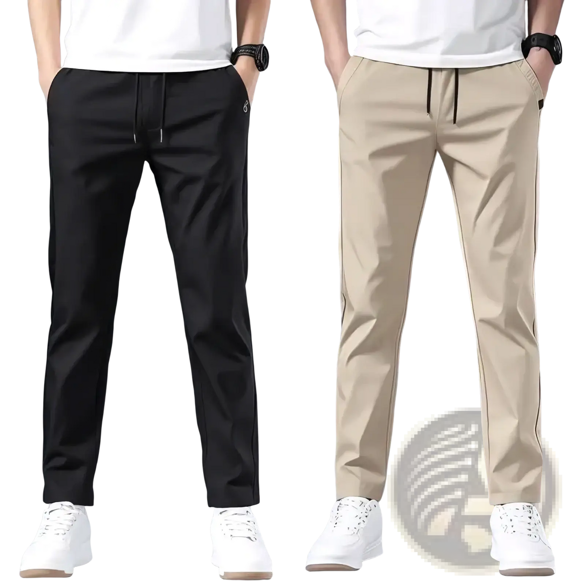 Men lightweight casual trousers in black and beige with drawstring waist and side stripes for comfortable wear