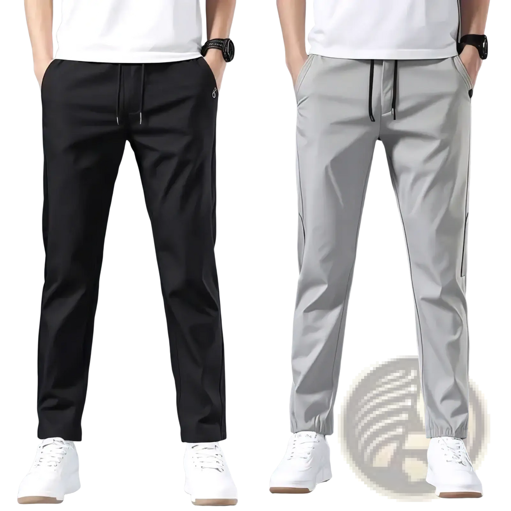 Men lightweight casual trousers in black and gray with drawstring waistbands, side pockets, and elastic cuffs