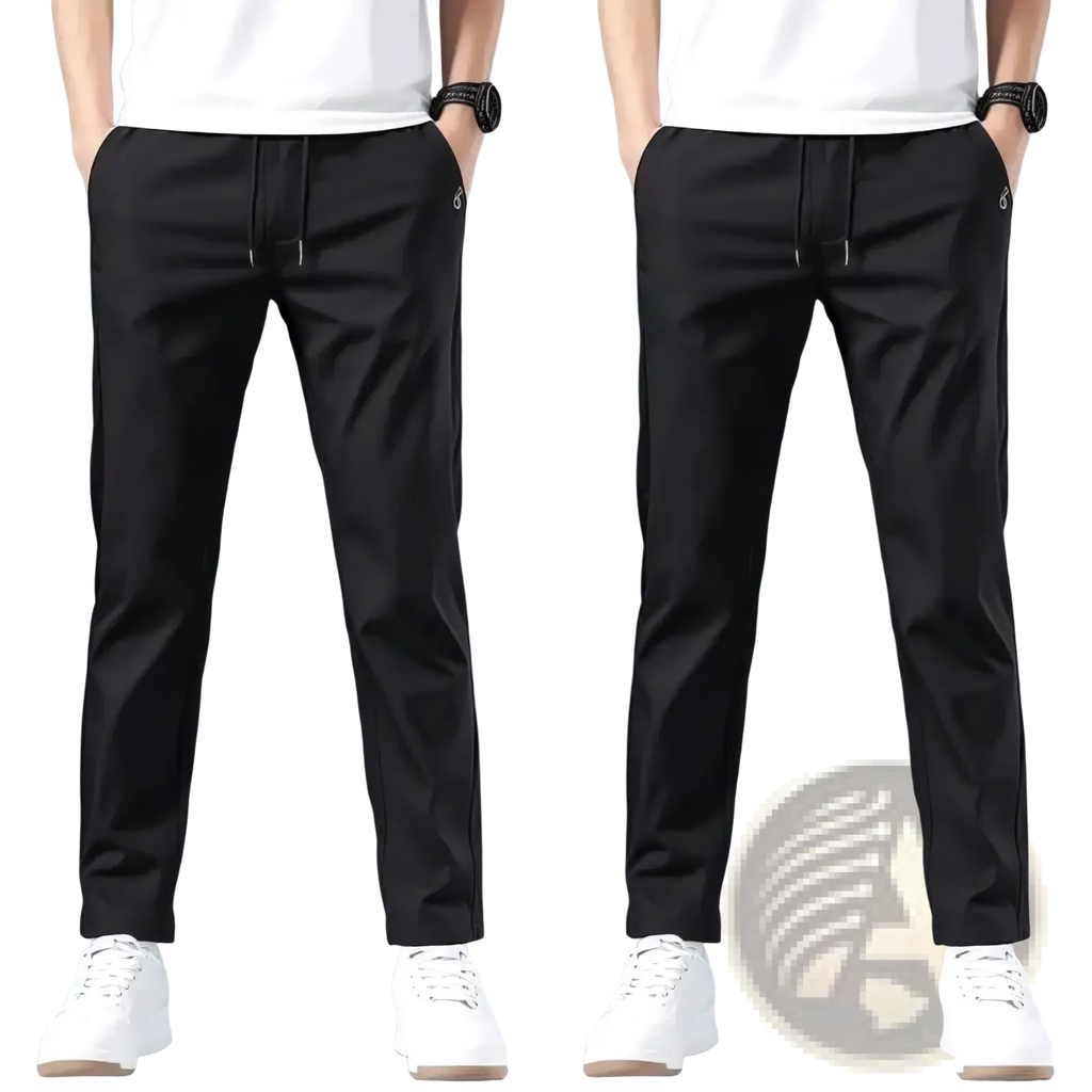 Men lightweight casual black slim-fit trousers with drawstring waist and smooth lightweight fabric