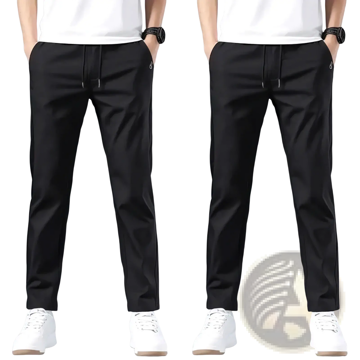 Men lightweight casual black slim-fit trousers with drawstring waist and smooth lightweight fabric