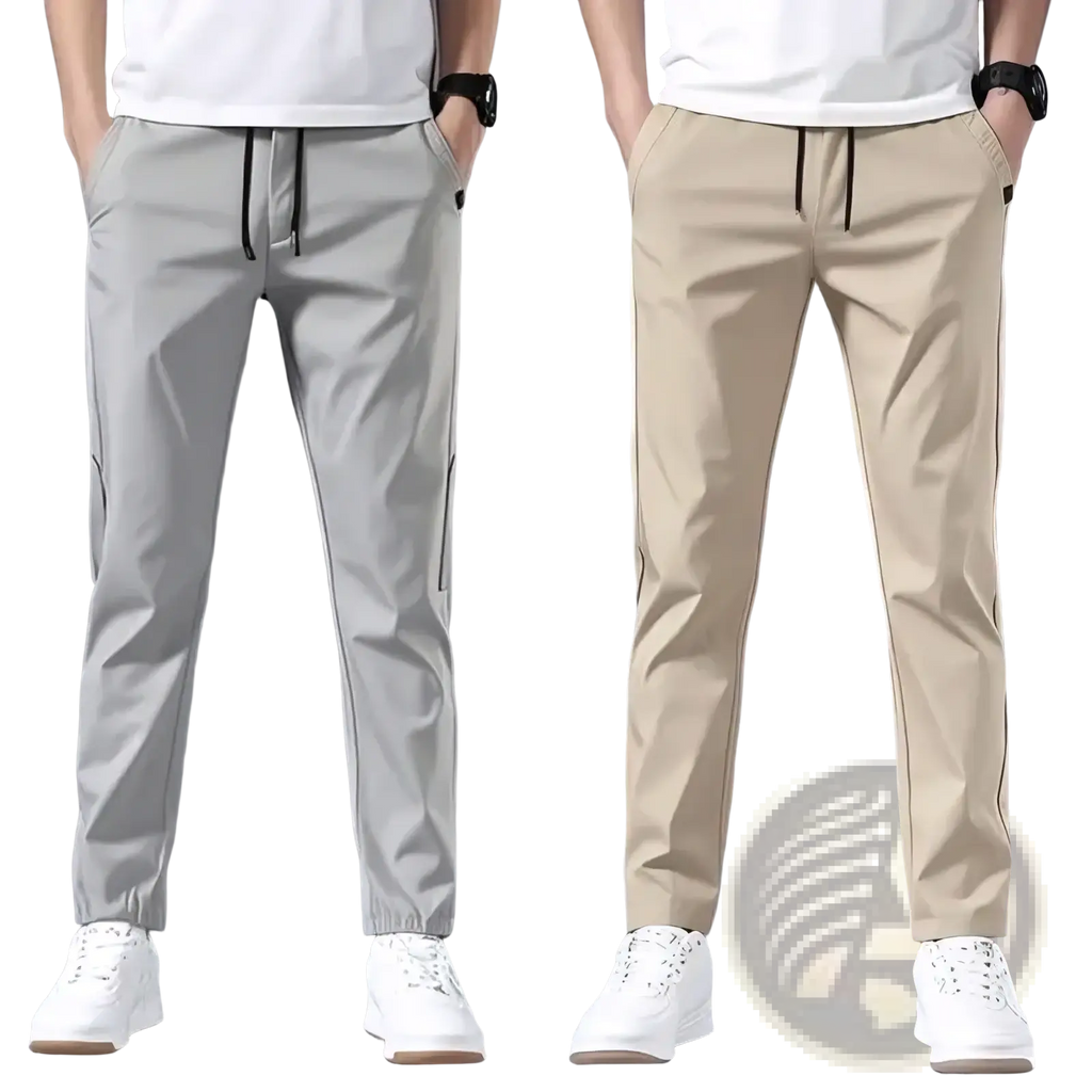 Men lightweight casual trousers in light gray and beige with drawstring waist side pockets and elastic cuffs