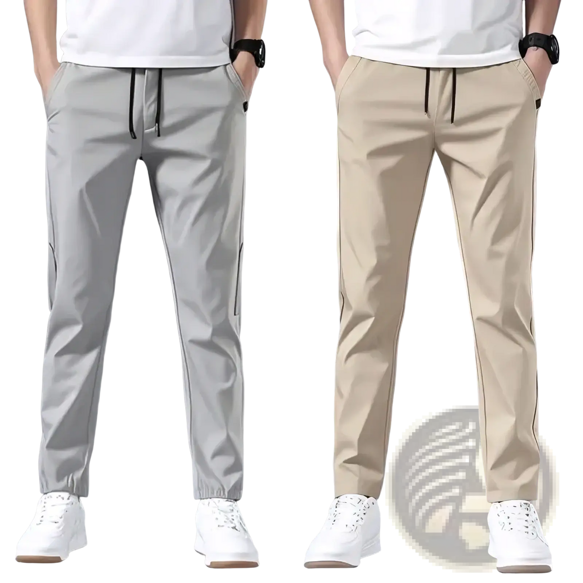 Men lightweight casual trousers in light gray and beige with drawstring waist side pockets and elastic cuffs