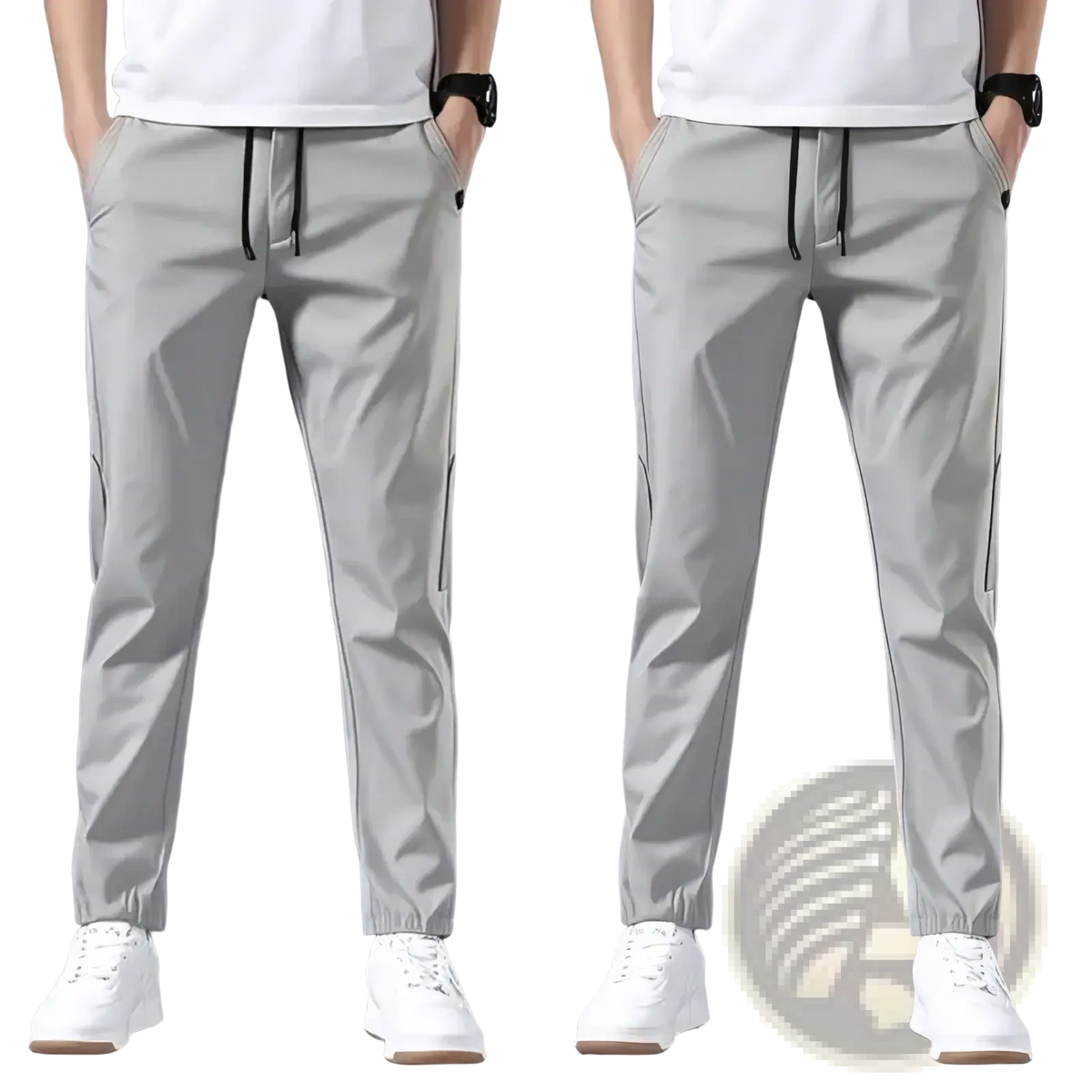 Men lightweight casual trousers in light gray slim-fit design with black drawstrings and subtle side seam detailing