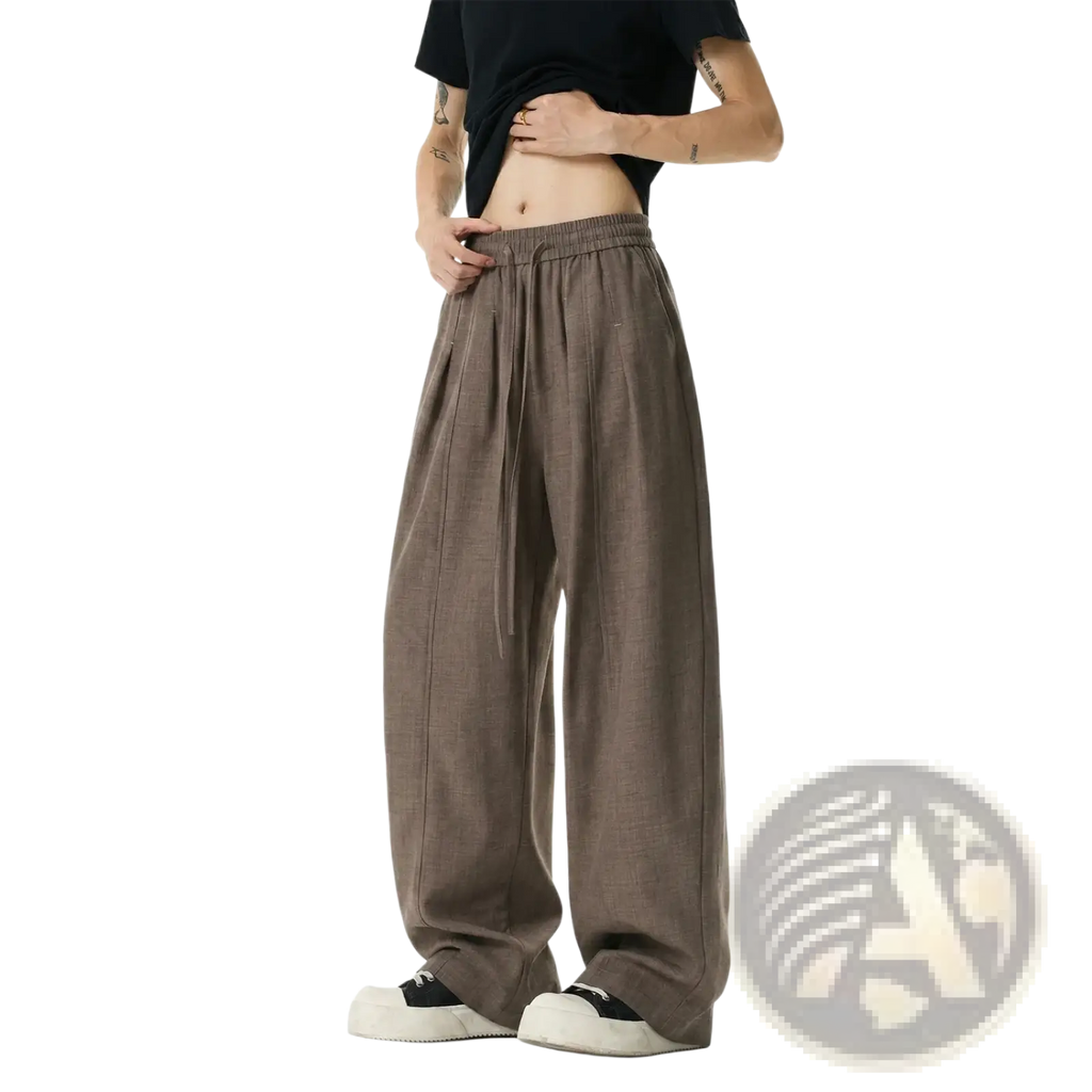 Men lightweight brown plaid wide leg casual pants with elastic waistband and drawstring adjustment