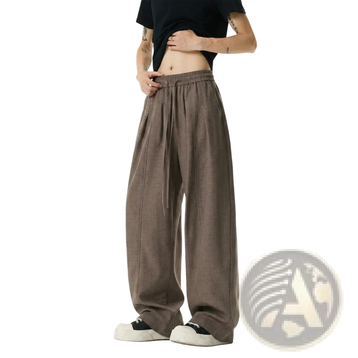 Men lightweight brown plaid wide leg casual pants with elastic waistband and drawstring adjustment