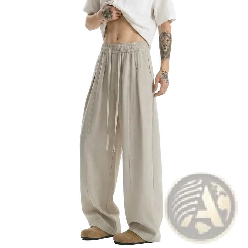 Men lightweight beige wide-leg pants with elastic waistband and drawstring for comfortable casual wear