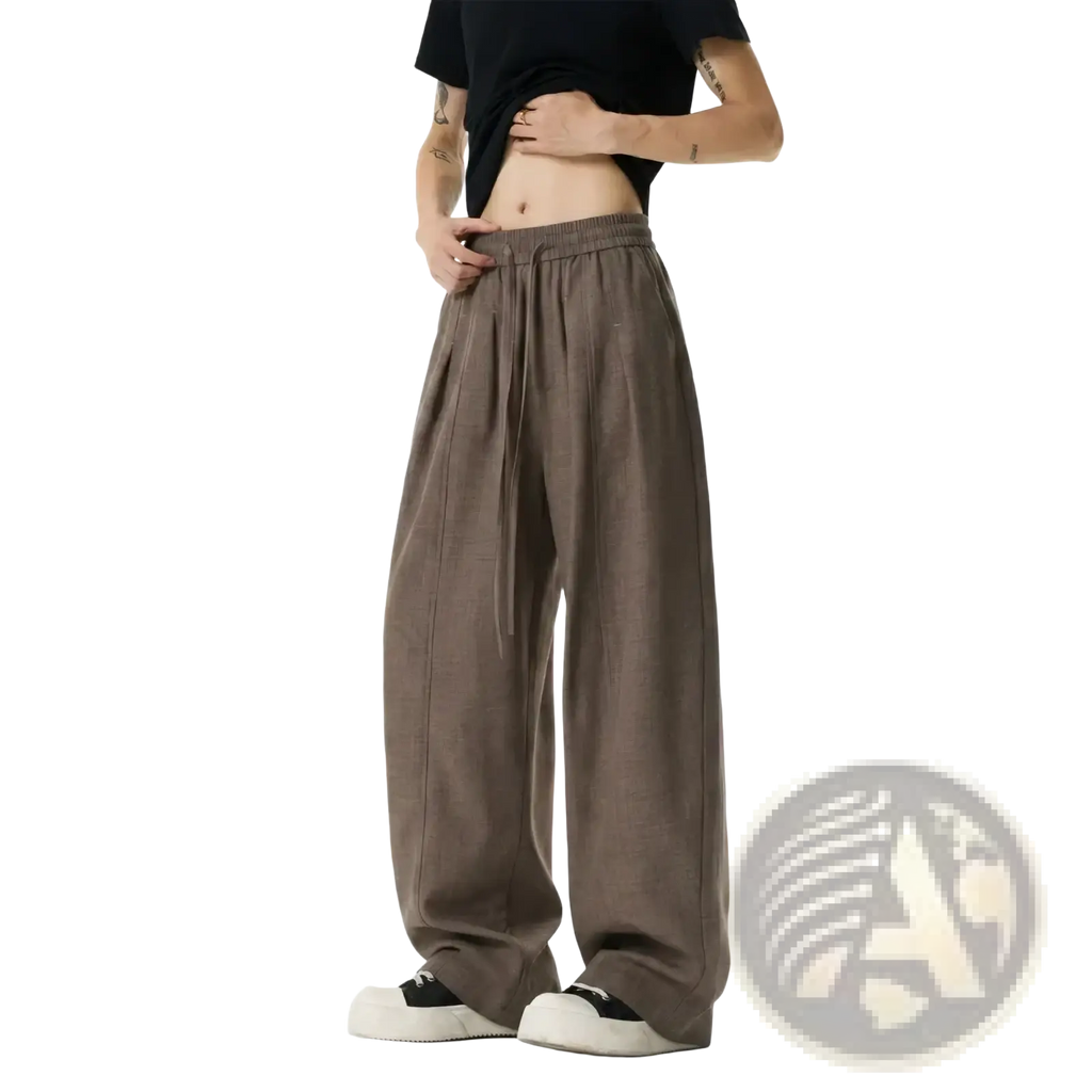 Men lightweight drawstring wide leg pants in loose brown cotton with an adjustable waistband design