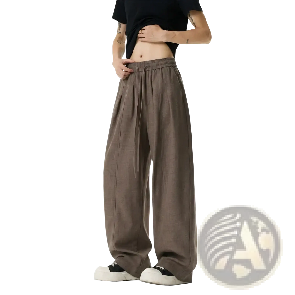 Men lightweight drawstring wide leg pants in loose brown cotton with an adjustable waistband design