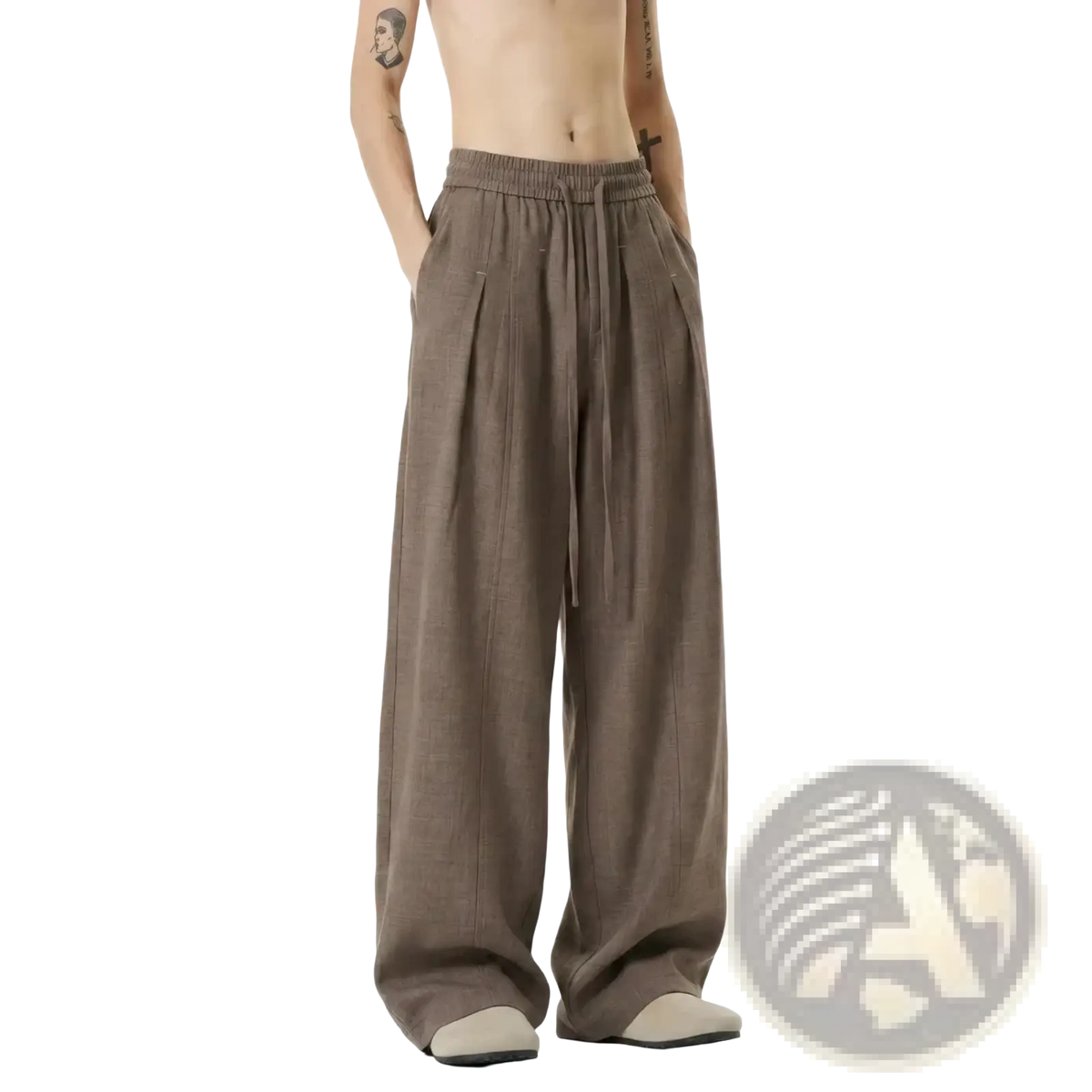 Men lightweight drawstring wide leg pants in loose brown linen with an adjustable waist for comfortable wear
