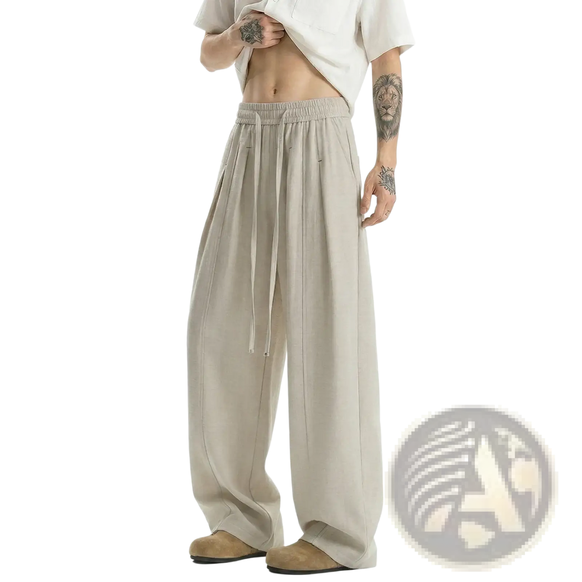 Men lightweight beige wide-leg drawstring pants featuring a relaxed flowing silhouette for comfort and style