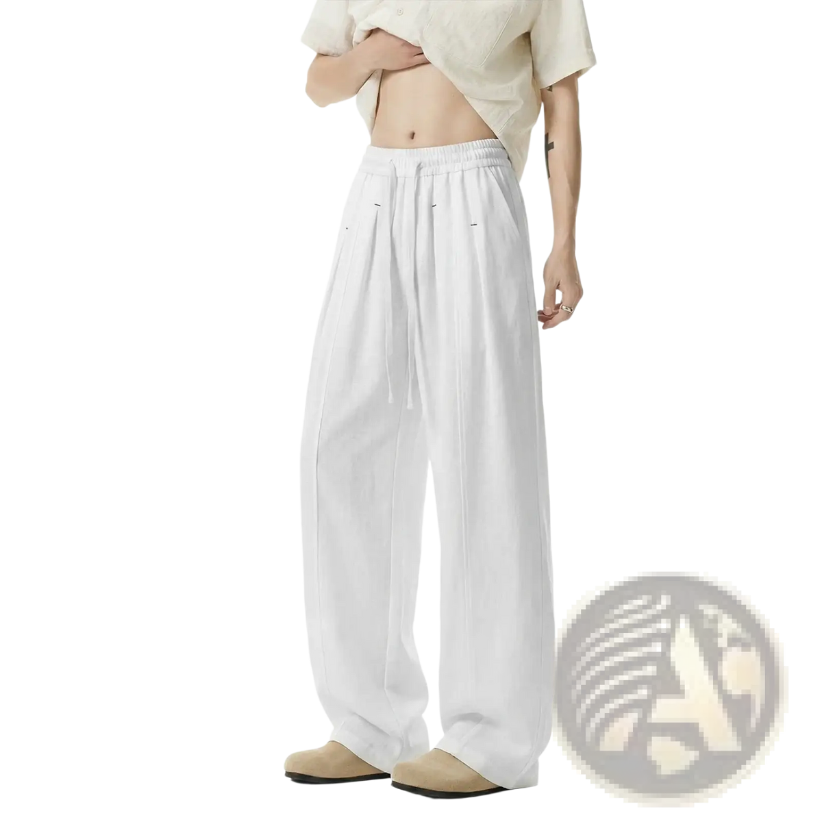 Men lightweight drawstring wide leg pants in white linen with elastic waistband and subtle side pockets