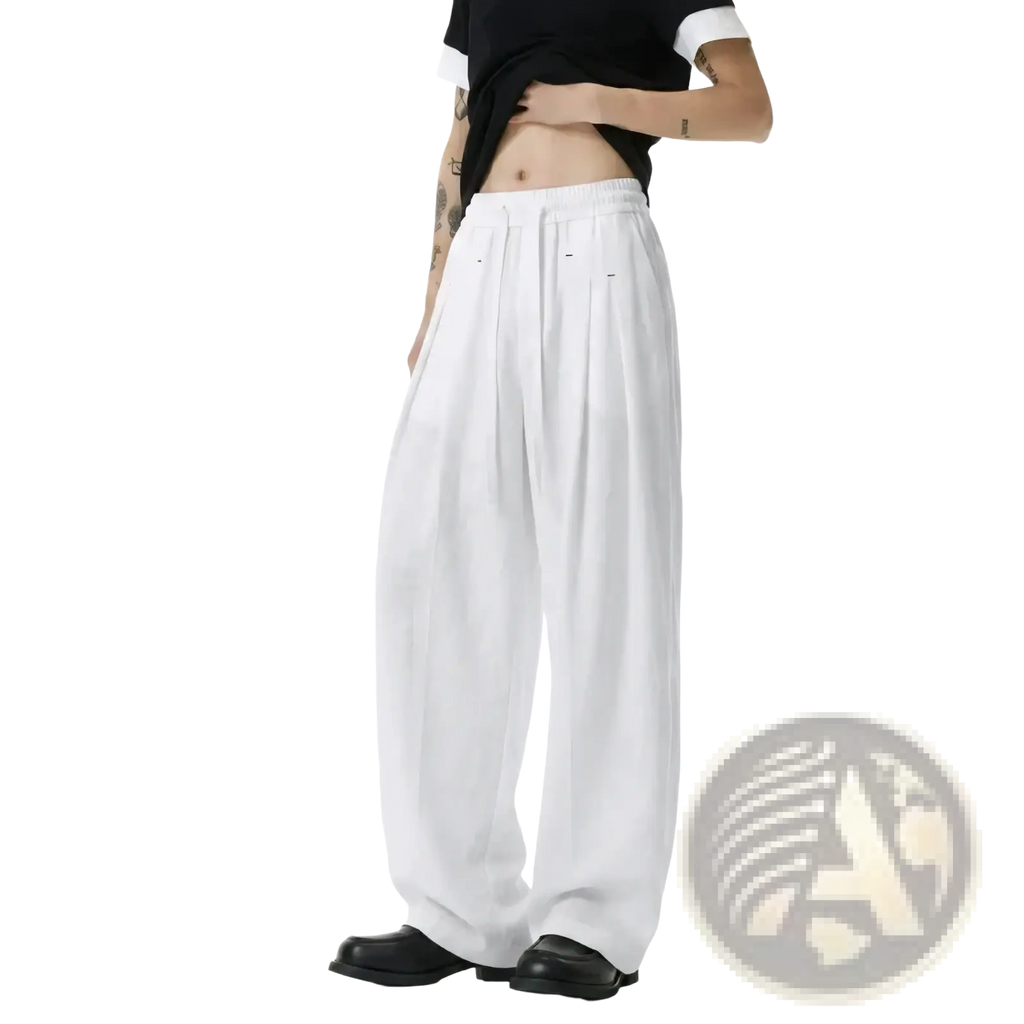 Men lightweight drawstring wide leg pants in white with elastic waistband and subtle pleats for comfort and style