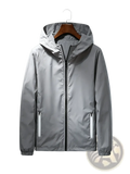 Men lightweight hooded windbreaker jacket in gray with reflective zipper pulls and elastic cuffs for wind protection