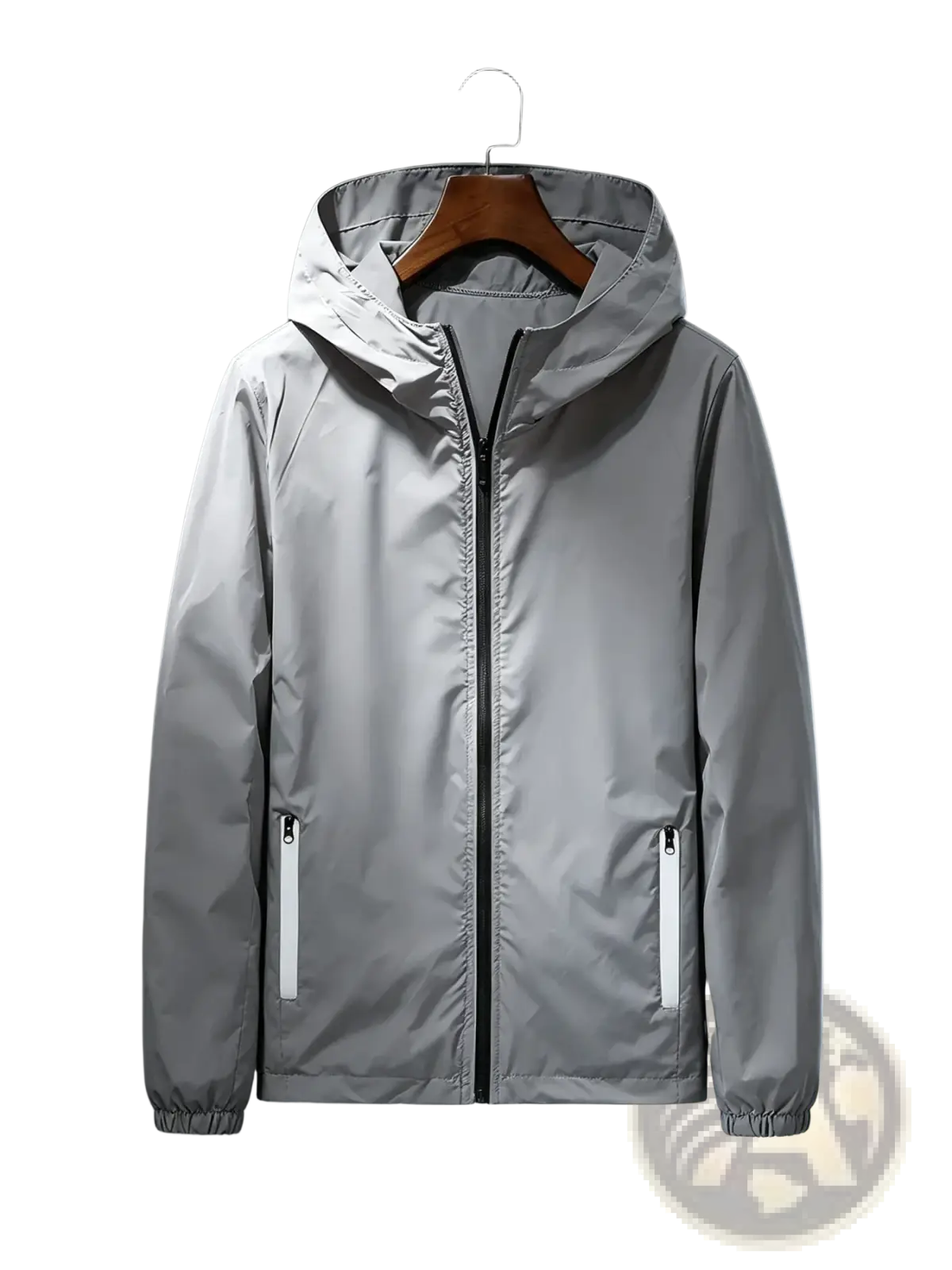 Men lightweight hooded windbreaker jacket in gray with reflective zipper pulls and elastic cuffs for wind protection