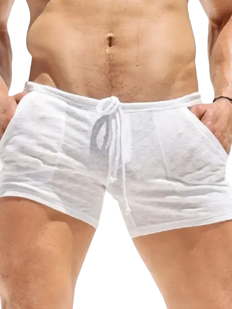 White lightweight lounge shorts for men made of slightly textured fabric with a drawstring waistband