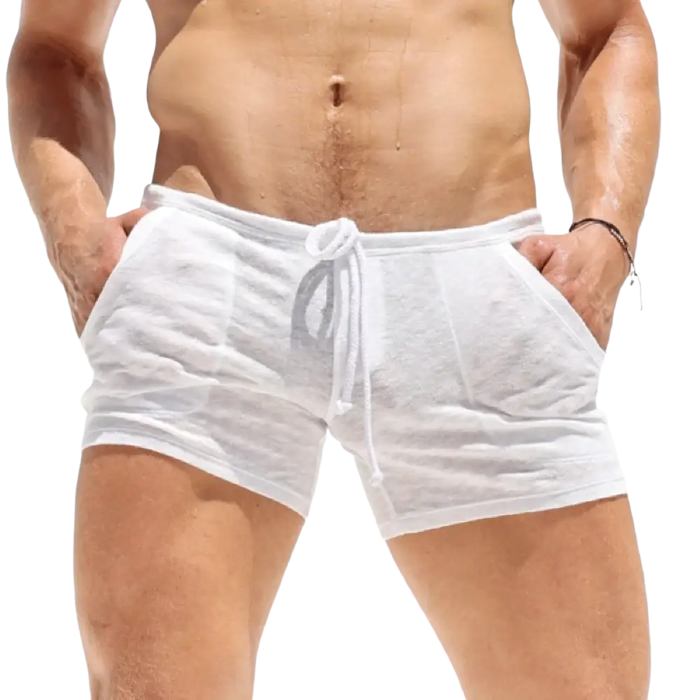 Men lightweight lounge shorts in white featuring a lightweight slightly textured fabric with a drawstring waist