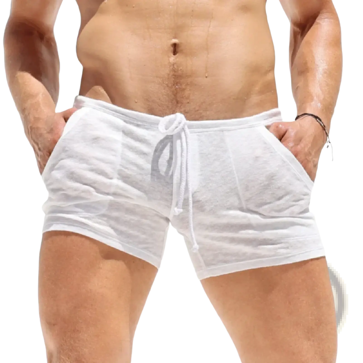 Men lightweight lounge shorts in white featuring a lightweight slightly textured fabric with a drawstring waist