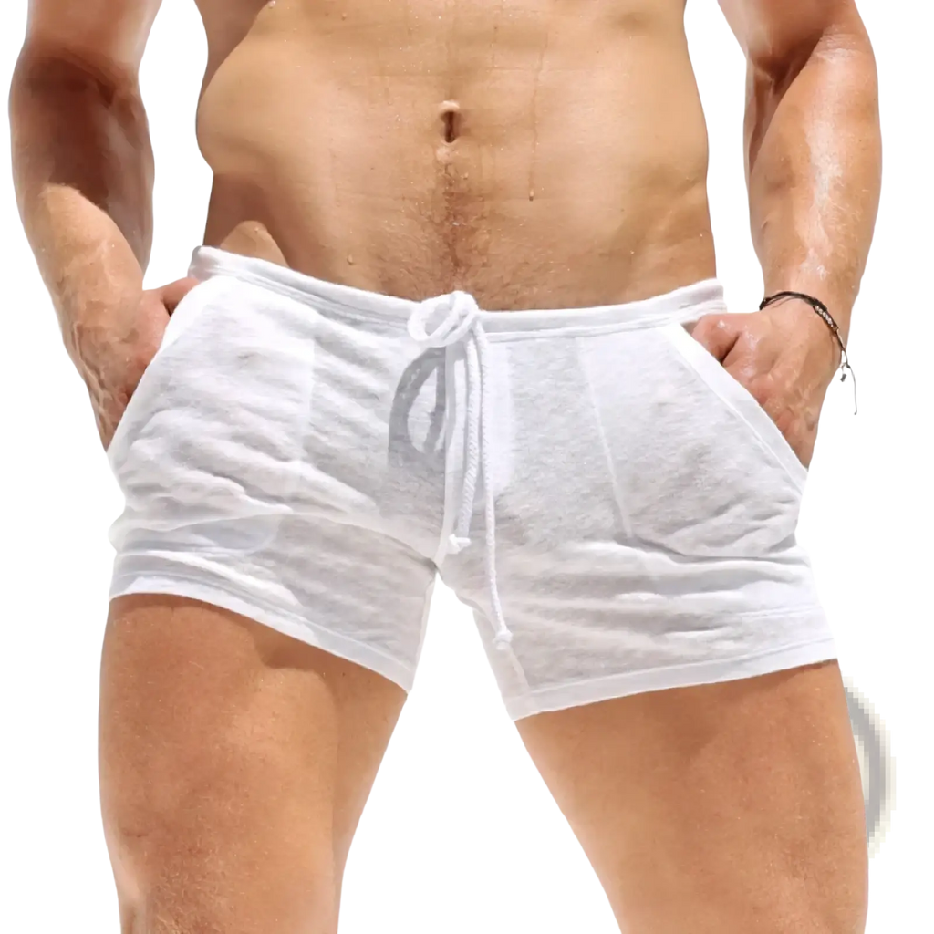 Men lightweight lounge shorts in white drawstring design made of lightweight textured fabric with side pockets