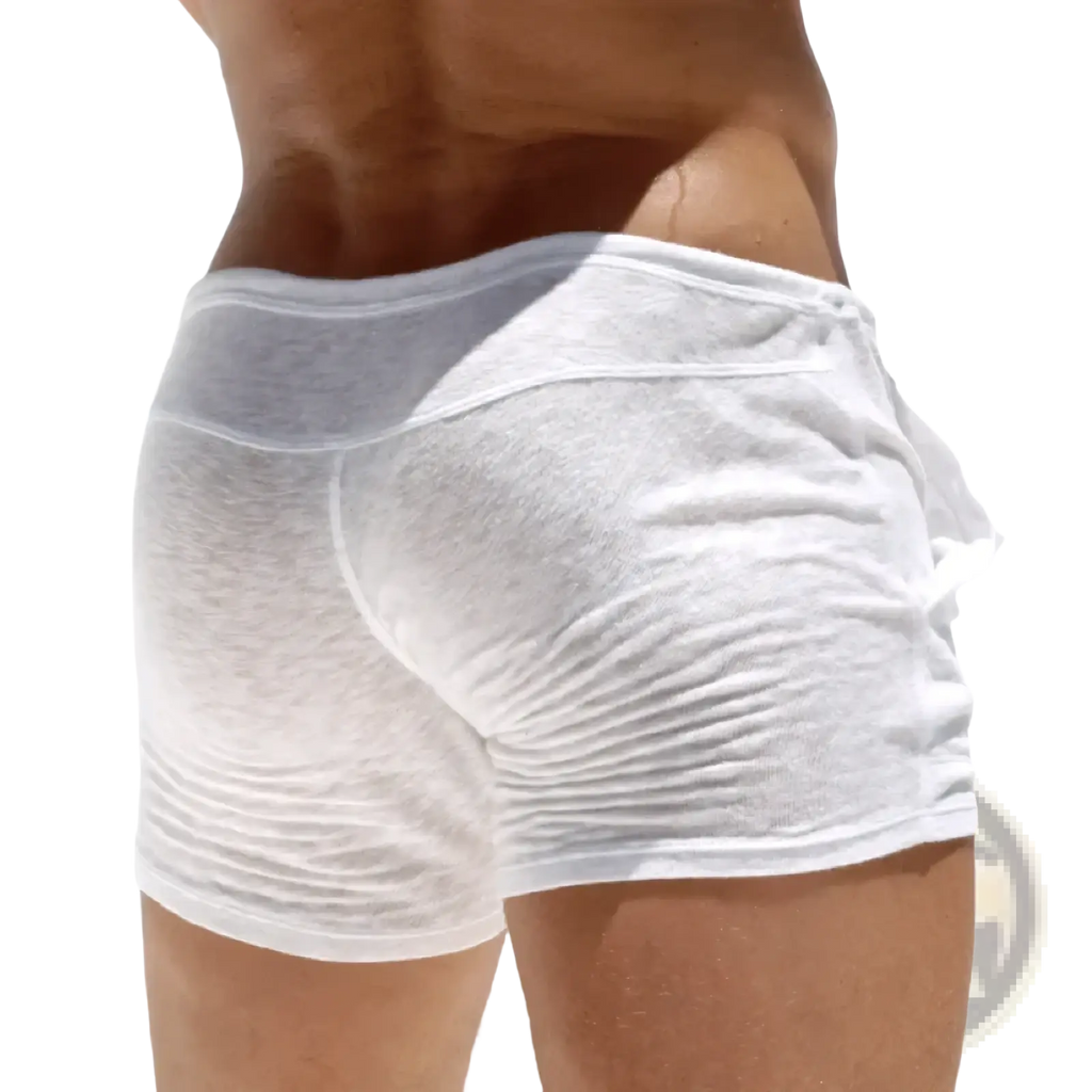 Men lightweight lounge shorts in white mesh with a snug fit and subtle horizontal pleats for comfort