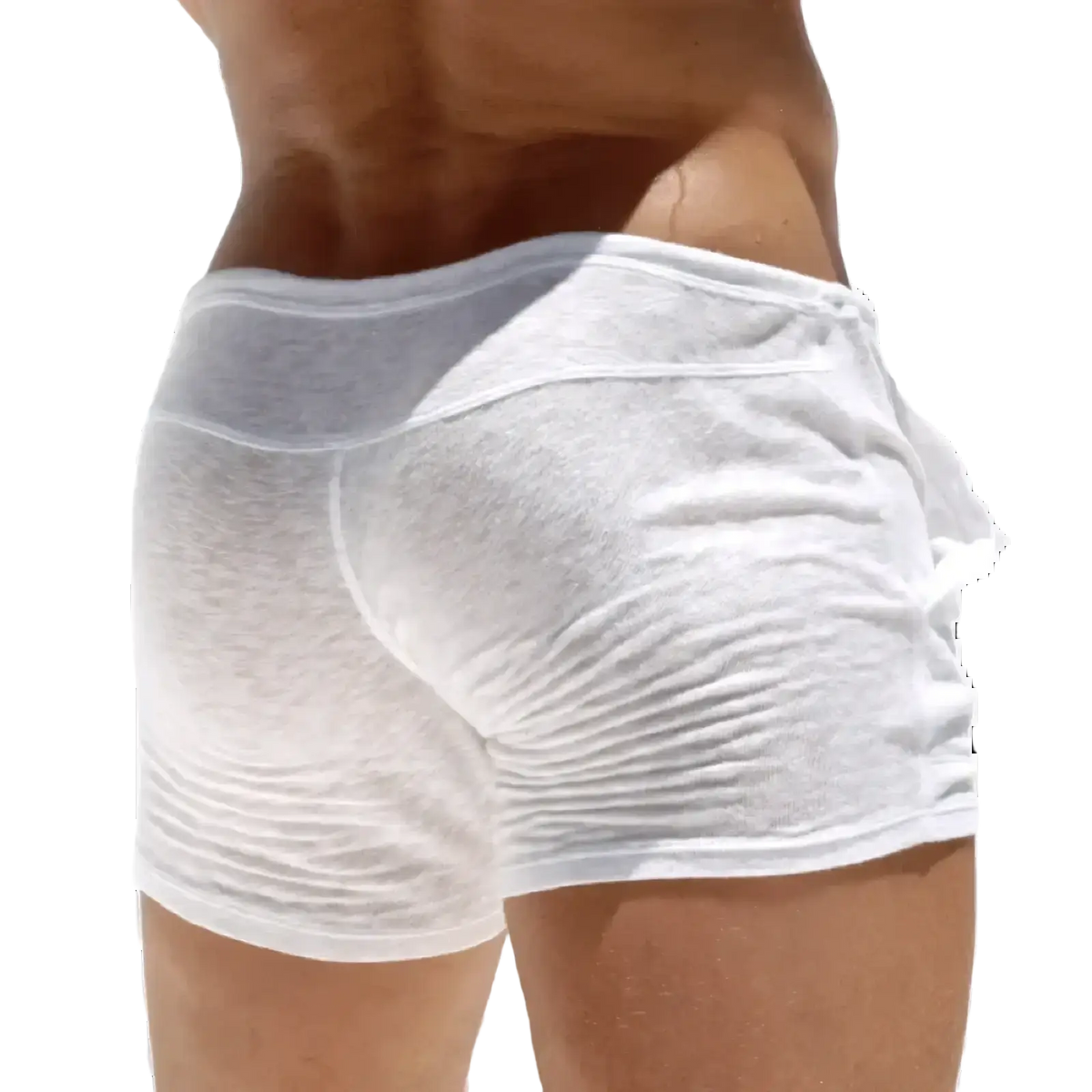 Men lightweight lounge shorts in white sheer mesh with a snug fit and elastic waistband for comfort