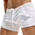 Men lightweight lounge shorts in white cotton with a drawstring waistband and side pockets for comfortable wear