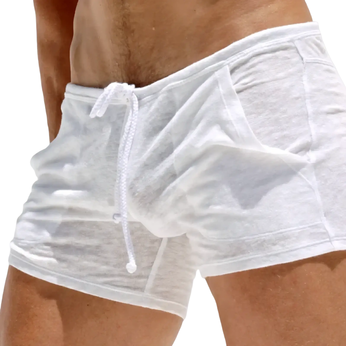Men lightweight lounge shorts in white cotton with a drawstring waistband and side pockets for comfortable wear