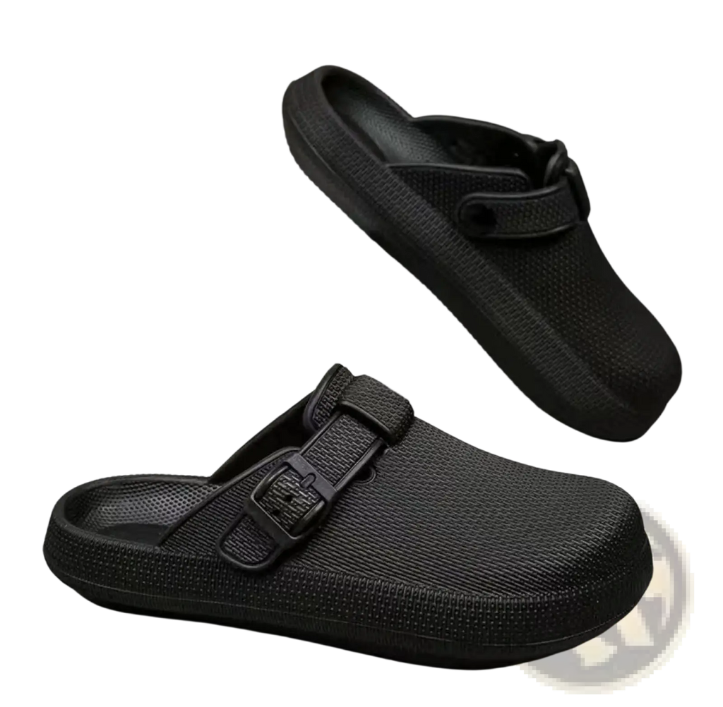 Black men’s lightweight mesh clog slippers with adjustable buckle strap and rubber sole showing textured material