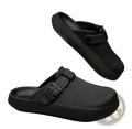 Black men’s lightweight mesh clog slippers with adjustable buckle strap and rubber sole showing textured material