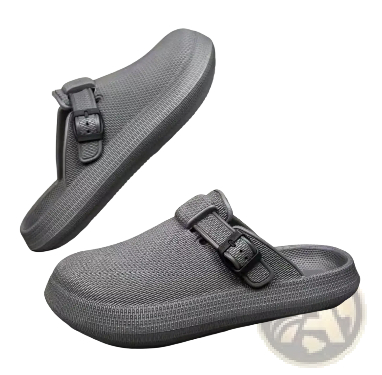 Men lightweight gray rubber clog sandals with textured upper and adjustable black buckle strap for comfort