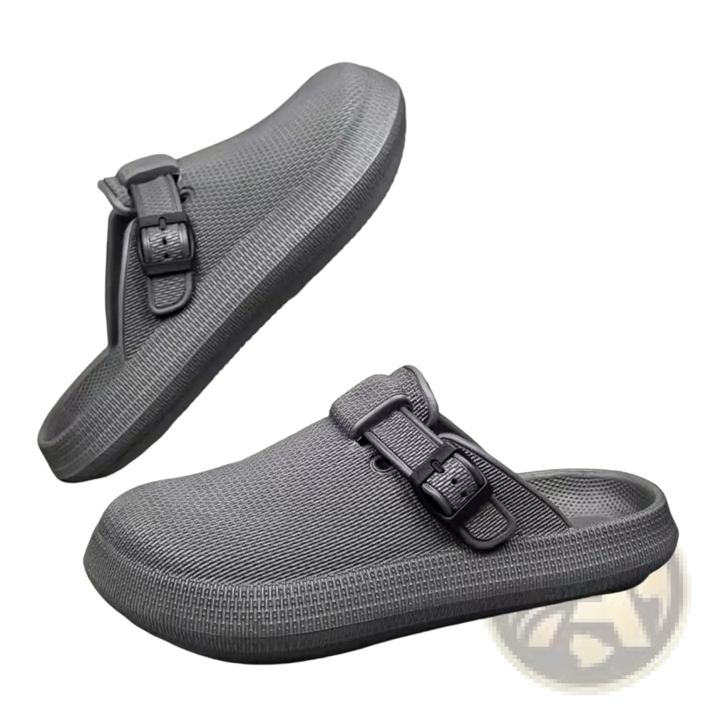 Men lightweight gray mesh clog slippers with adjustable black buckle strap and thick rubber sole for comfort and durability