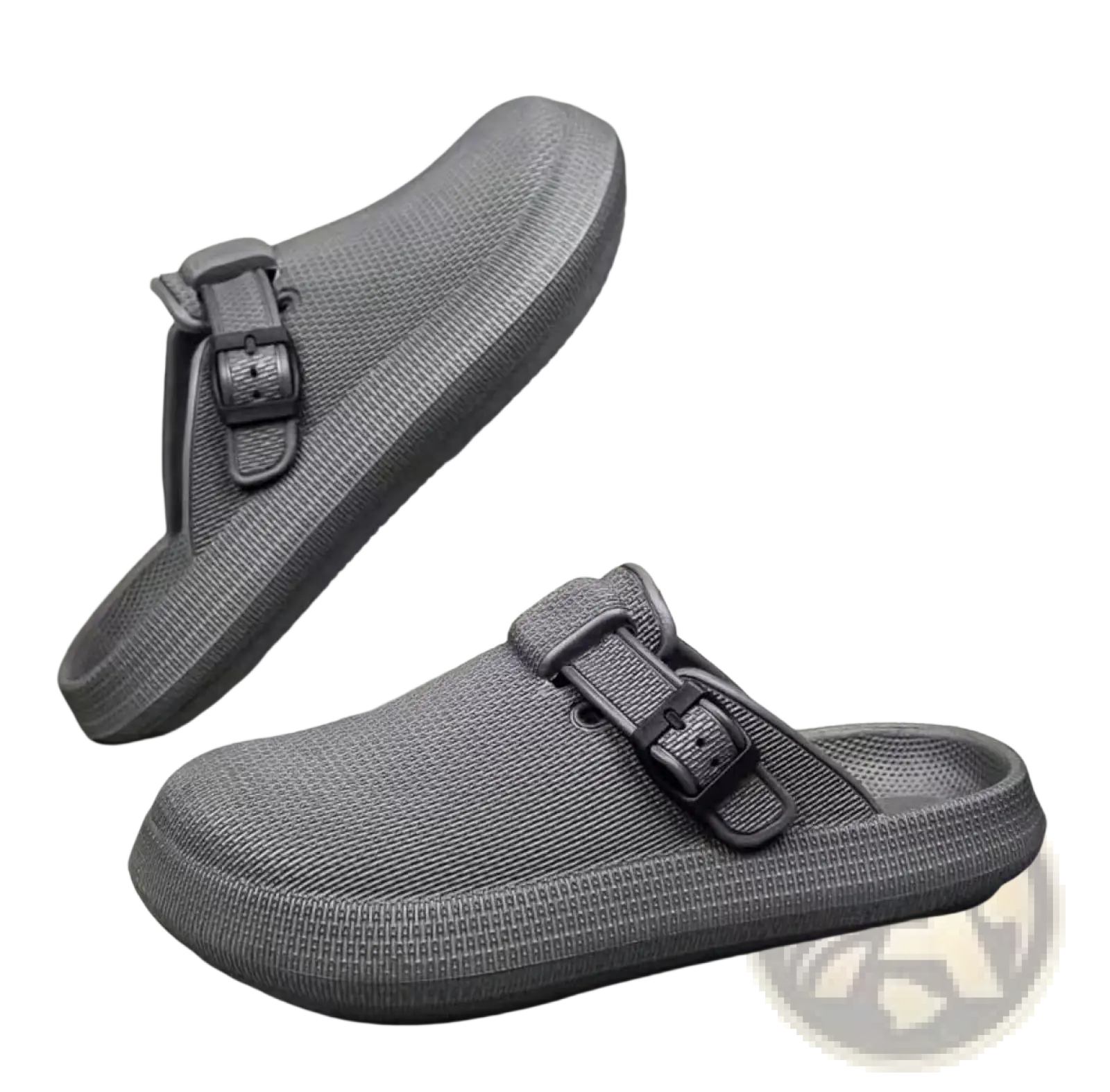 Men lightweight gray mesh clog slippers with adjustable black buckle strap and thick rubber sole for comfort and durability