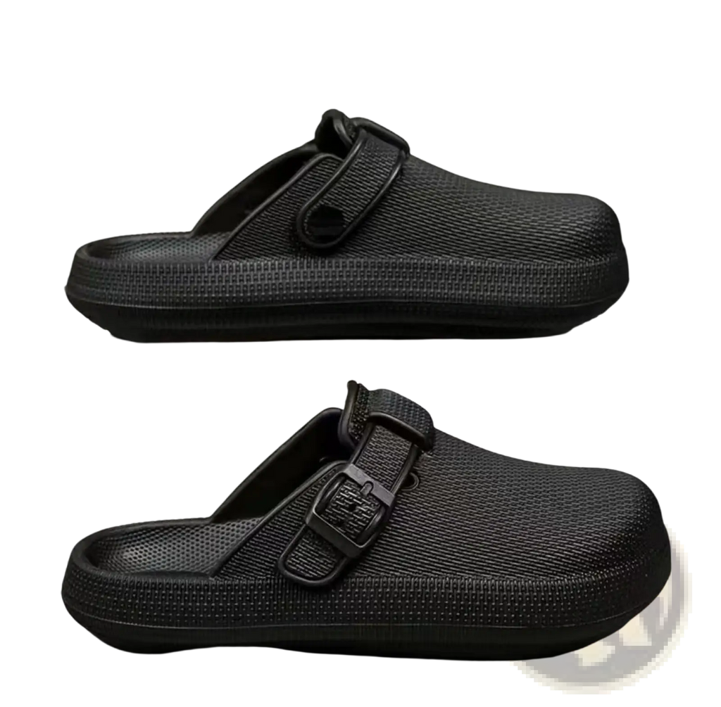 Men lightweight black mesh slip-on clogs with thick rubber sole and adjustable strap buckle for comfort and support