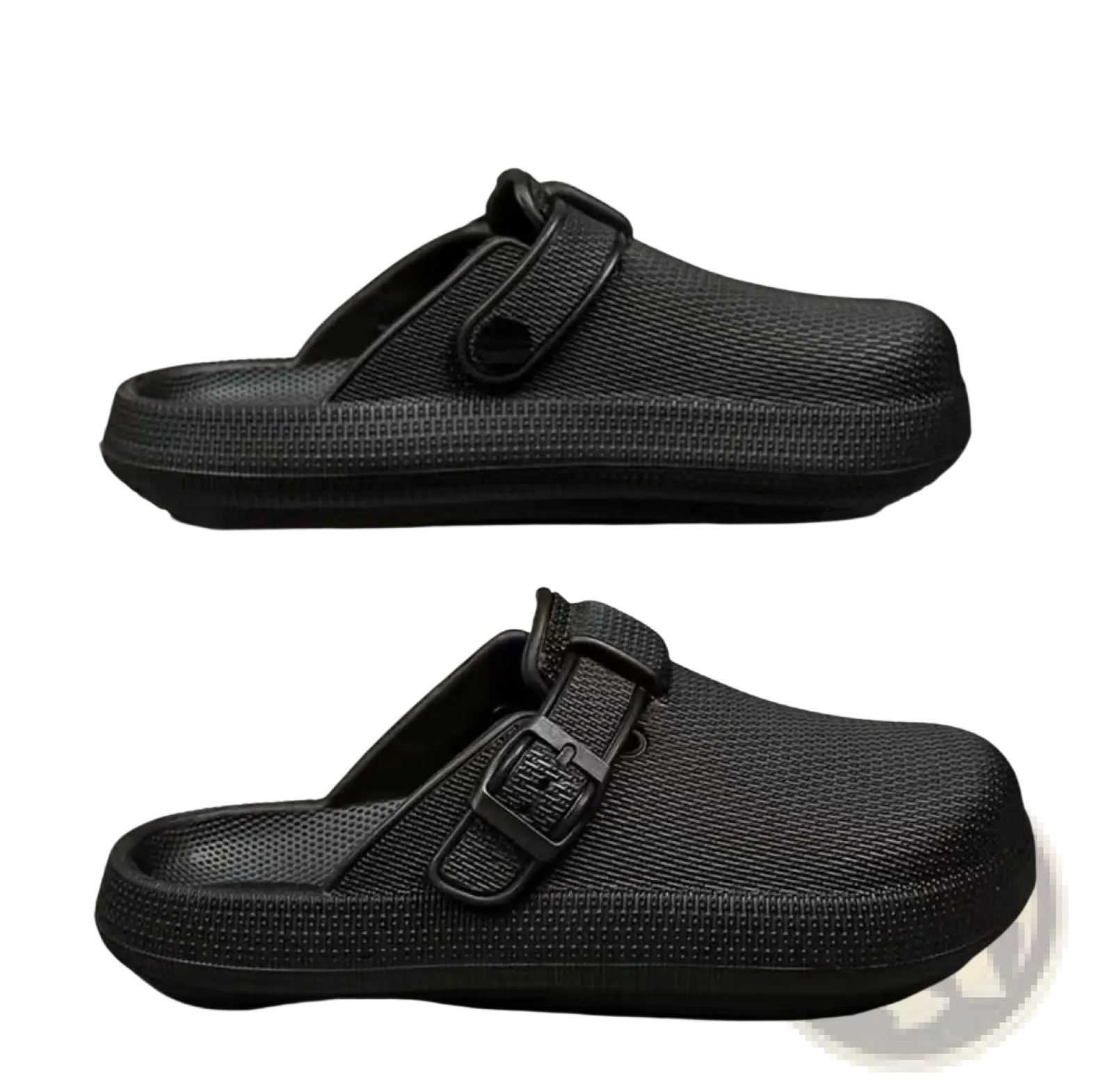 Men lightweight black mesh slip-on clogs with thick rubber sole and adjustable strap buckle for comfort and support