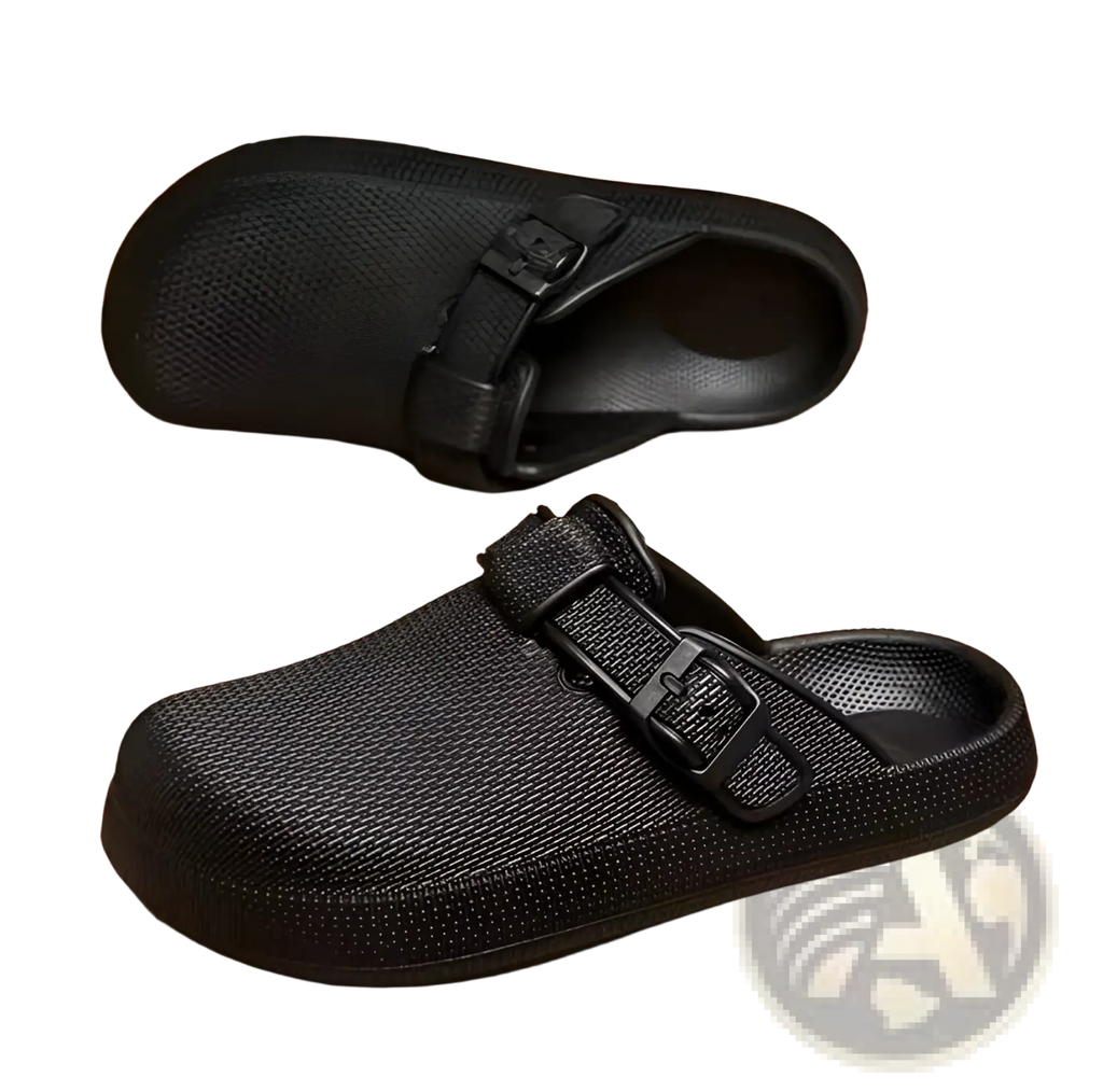 Men lightweight black mesh clog slippers with adjustable strap buckles shown from the back side