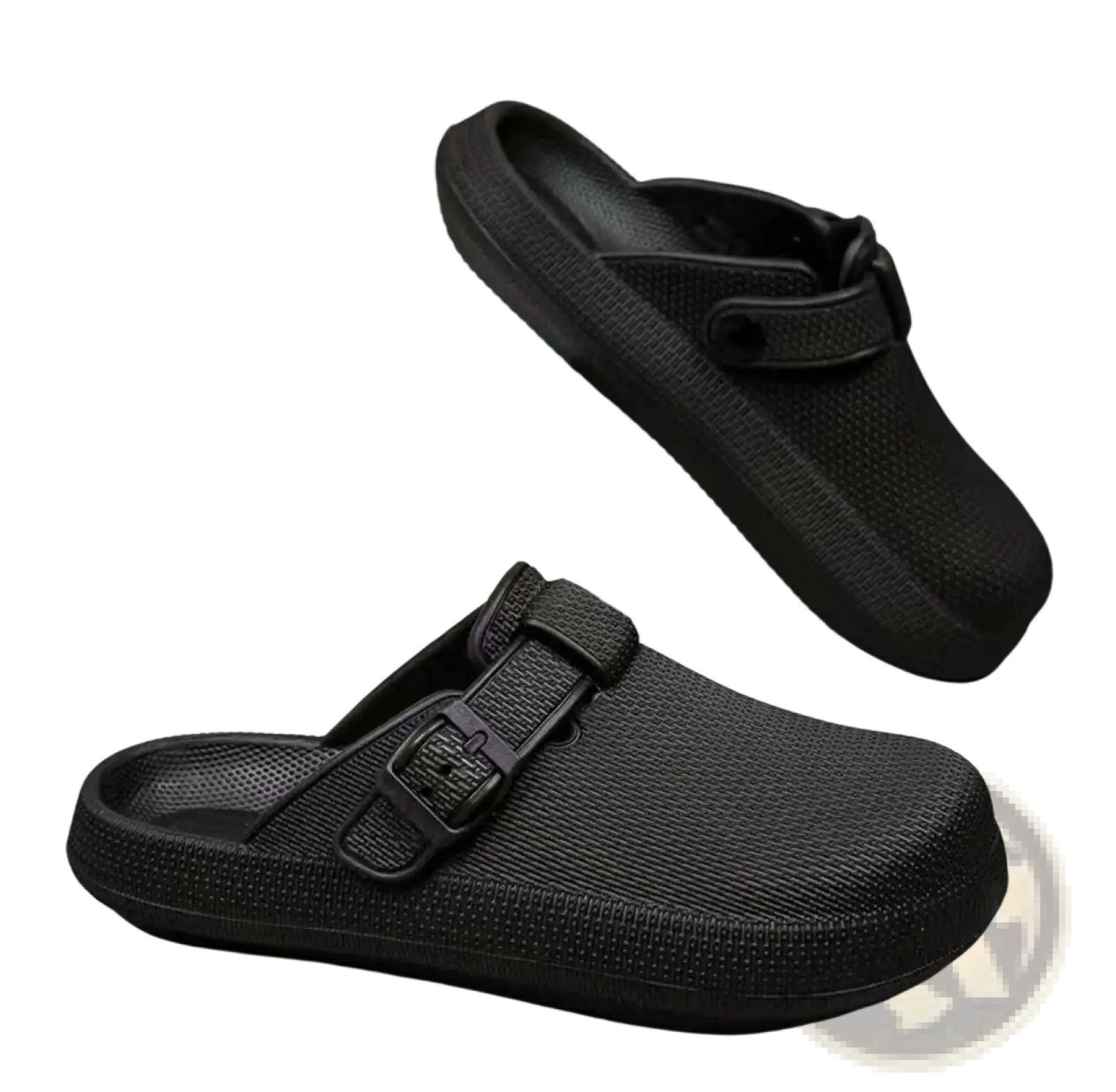 Black lightweight mesh clog slippers for men with adjustable buckle strap and rubber sole featuring textured design