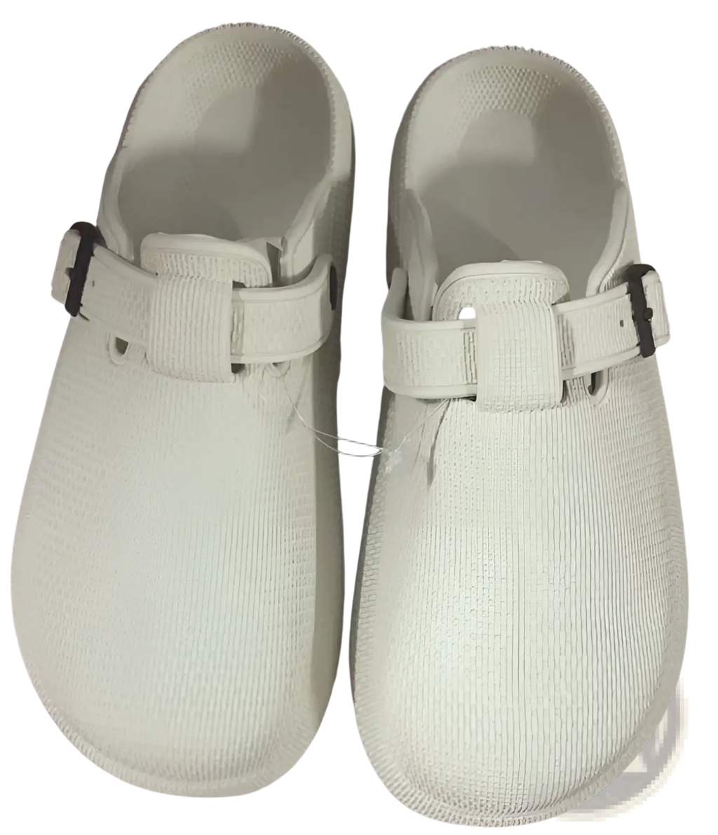 Men lightweight mesh clog slippers in white canvas with black adjustable buckle straps for comfort and breathability