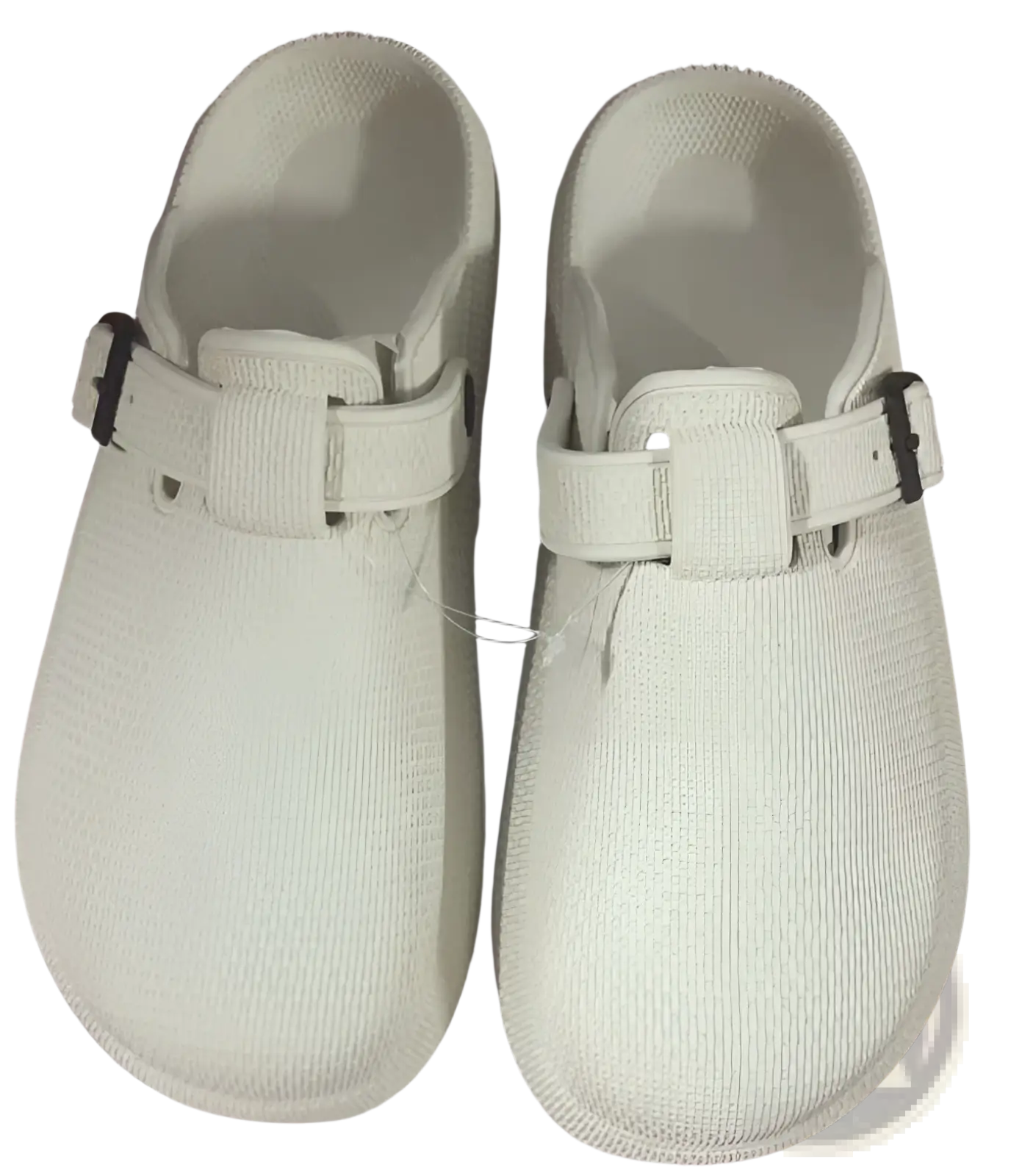 Men lightweight mesh clog slippers in white canvas with black adjustable buckle straps for comfort and breathability