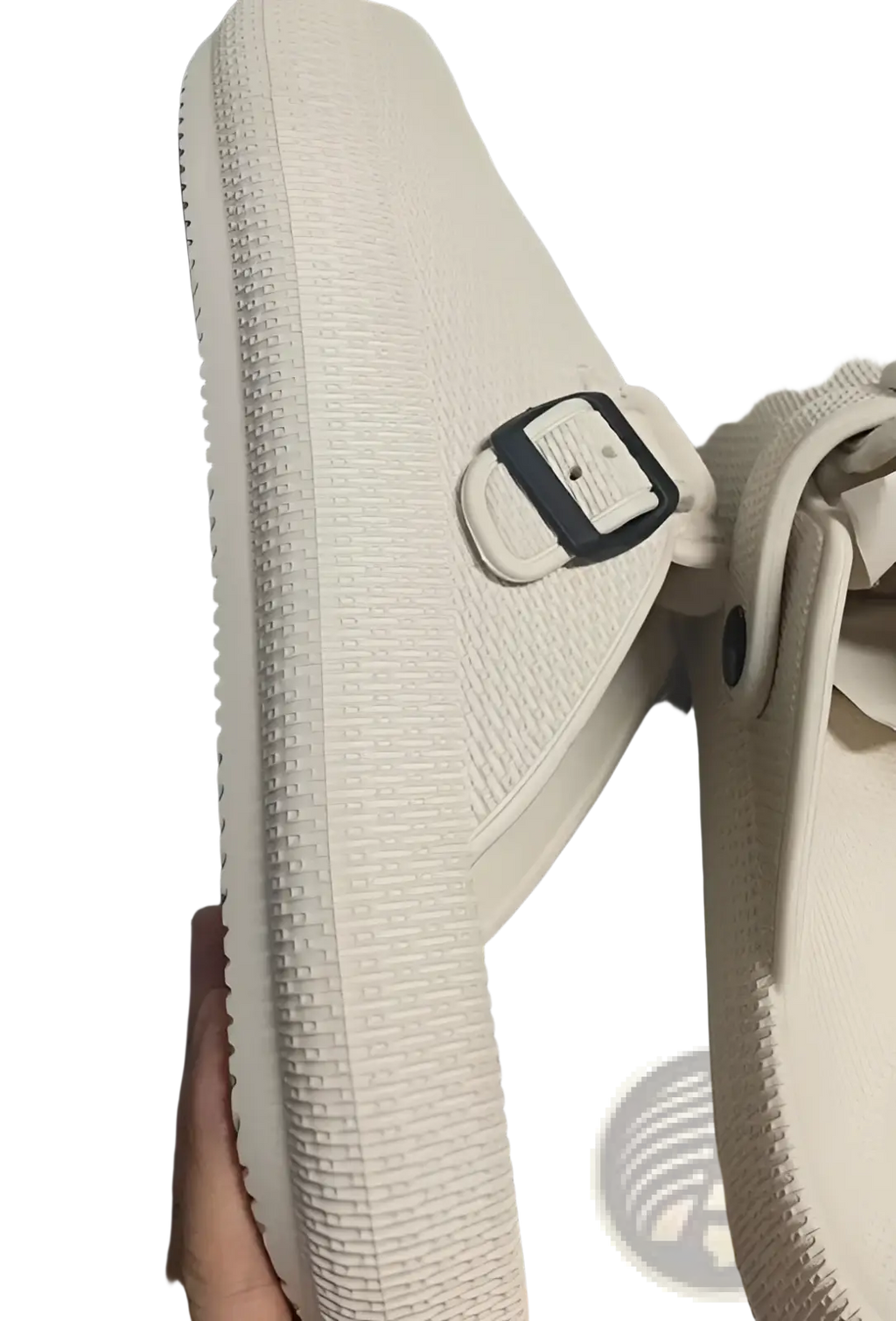 Men lightweight mesh clog slipper in off-white with a textured rubber sole and adjustable black buckle strap