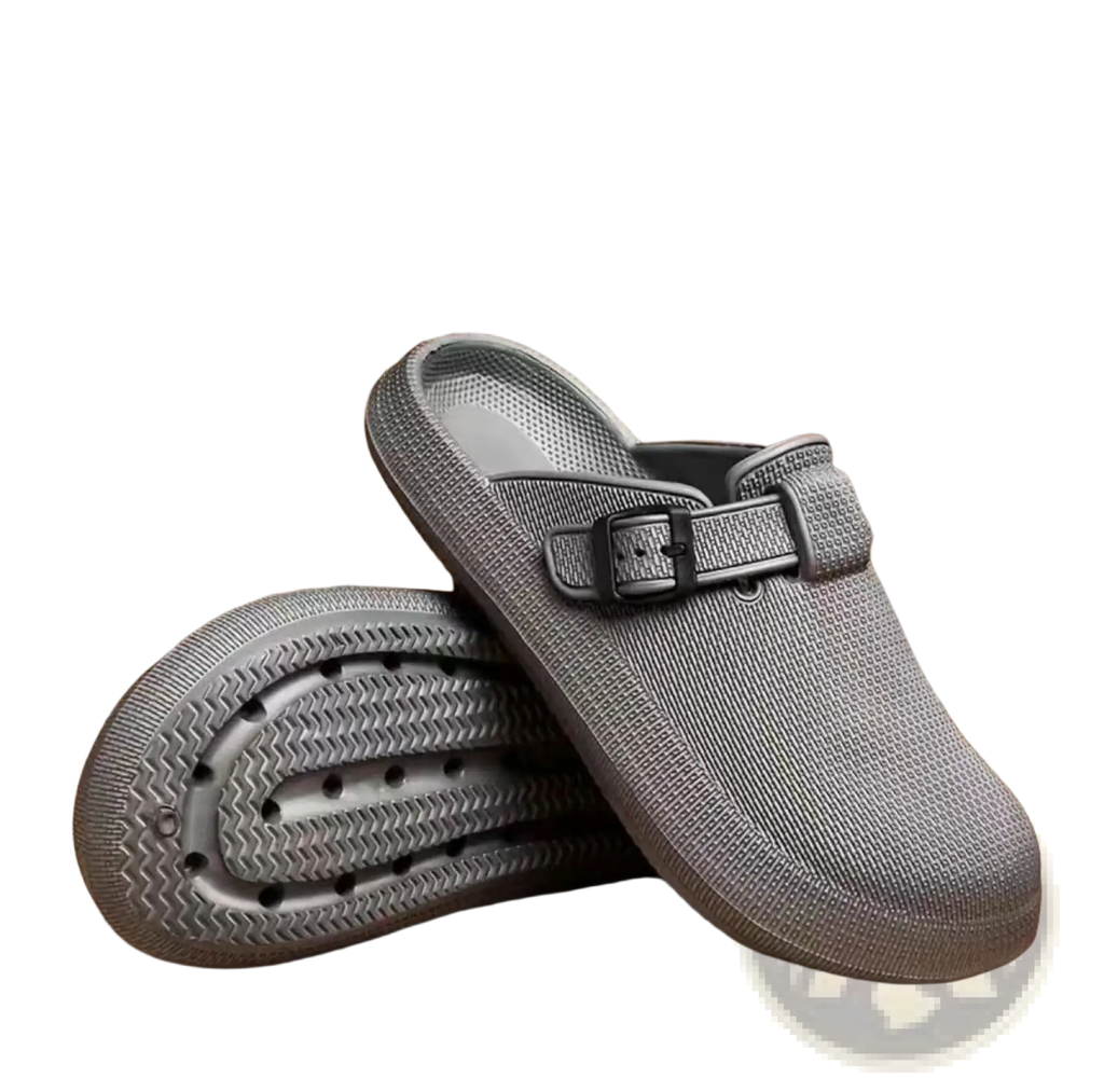 Men lightweight gray slip-on mesh clog slippers with textured fabric upper and adjustable black buckle strap
