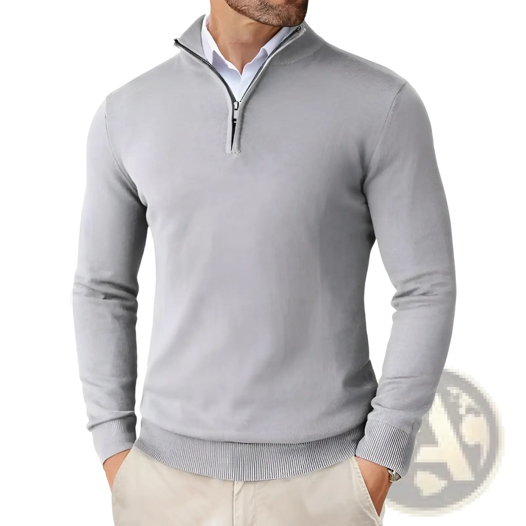 Men lightweight quarter zip sweater in gray soft knit fabric with ribbed cuffs and hem for comfortable wear