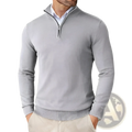 Men lightweight quarter zip sweater in gray soft knit fabric with ribbed cuffs and hem for comfortable wear