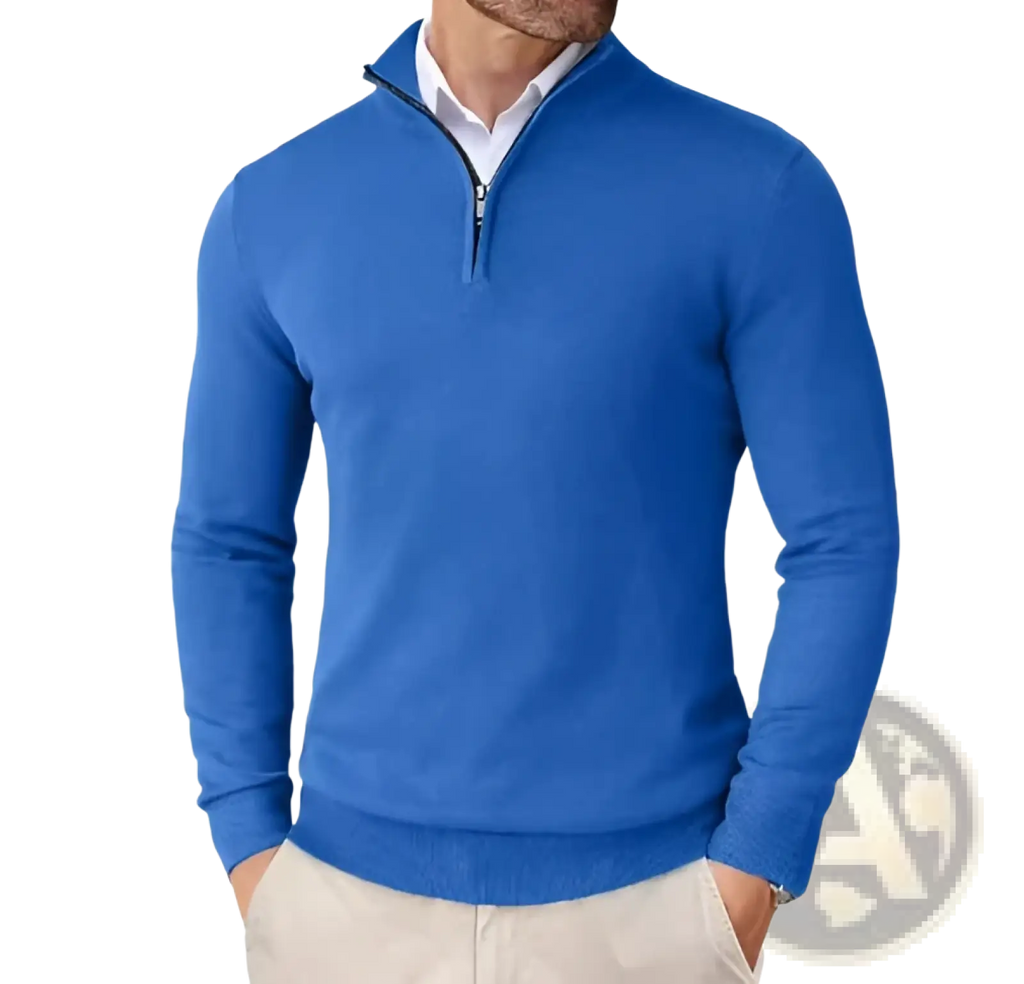 Men lightweight blue quarter zip sweater with ribbed cuffs and hem made from breathable material