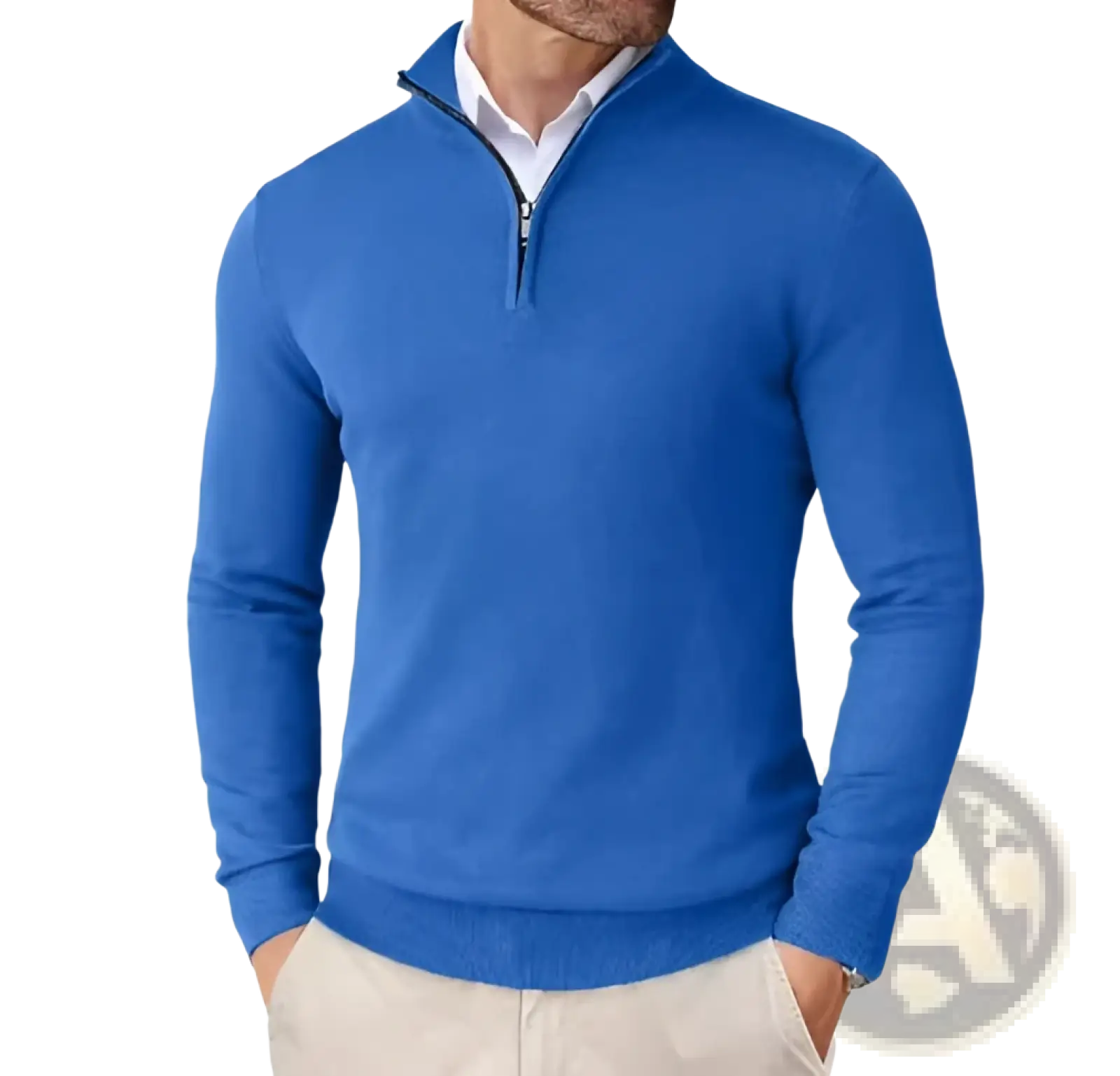 Men lightweight blue quarter zip sweater with ribbed cuffs and hem made from breathable material