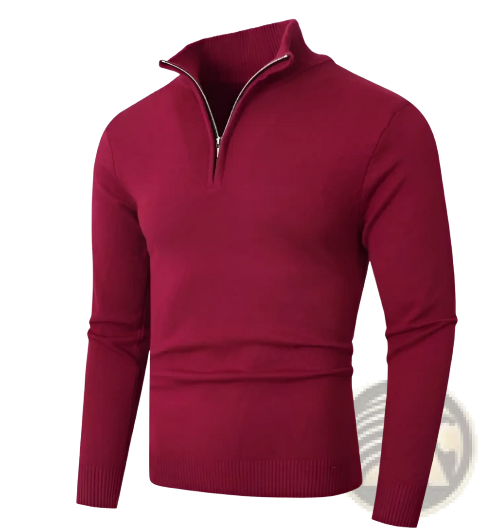 Men lightweight maroon quarter zip sweater with ribbed collar cuffs and hem in long sleeve design