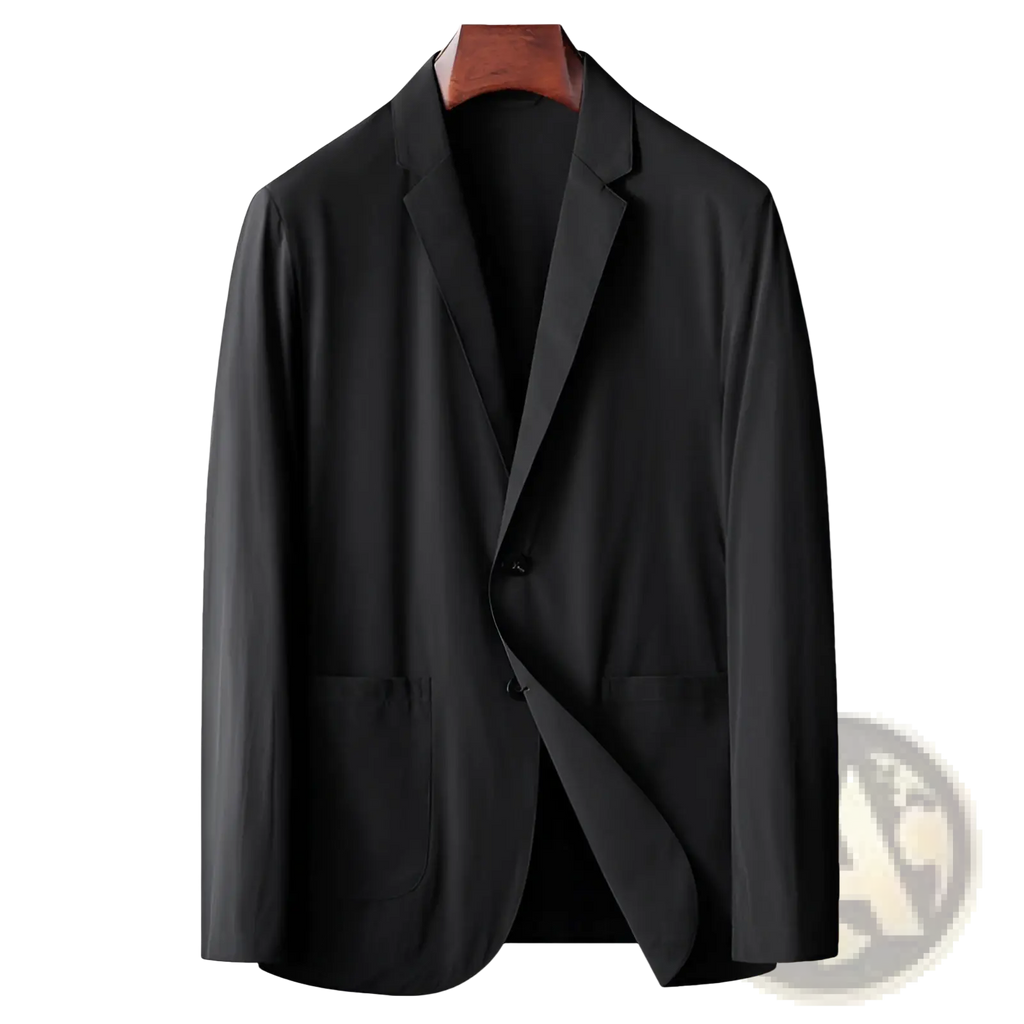 Men lightweight stretch black single-breasted suit jacket with minimalist design and subtle sheen, anti-wrinkle material