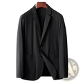 Men lightweight stretch black single-breasted suit jacket with minimalist design and subtle sheen, anti-wrinkle material