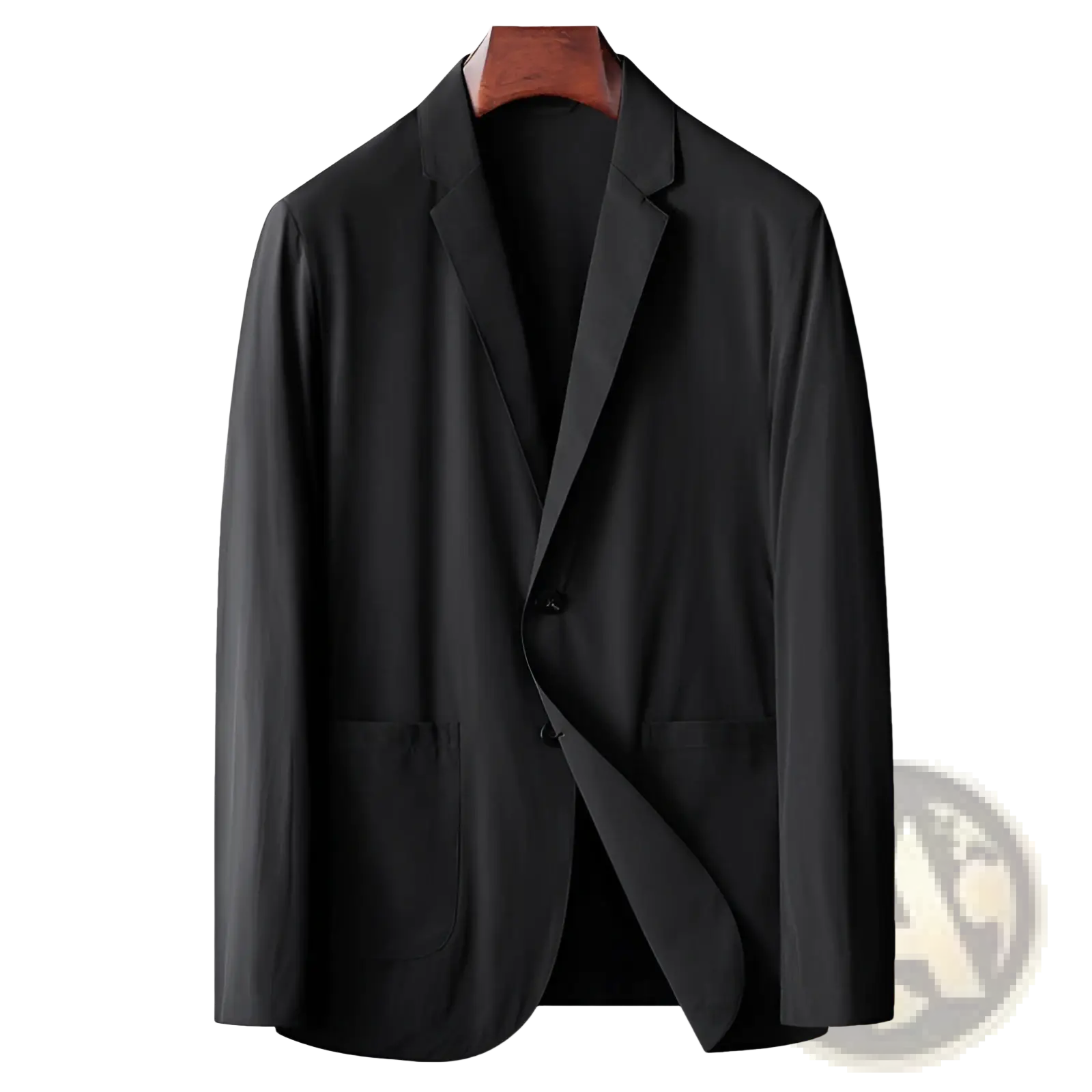 Men lightweight stretch black single-breasted suit jacket with minimalist design and subtle sheen, anti-wrinkle material